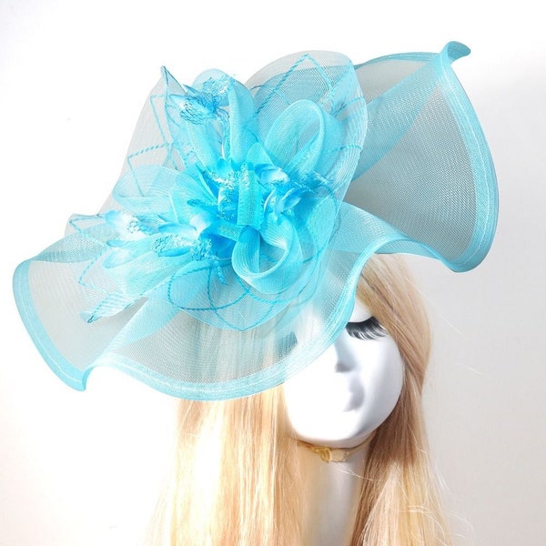 Large Aqua Blue Ladies Feather Large Sinamay Fascinator Hair Clip Tea Hat Headpiece For Weddings, Dress up, Bridal Showers, Tea time #626