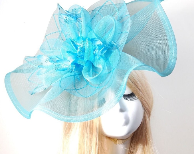 Large Aqua Blue Ladies Feather Large Sinamay Fascinator Hair Clip Headpiece #626