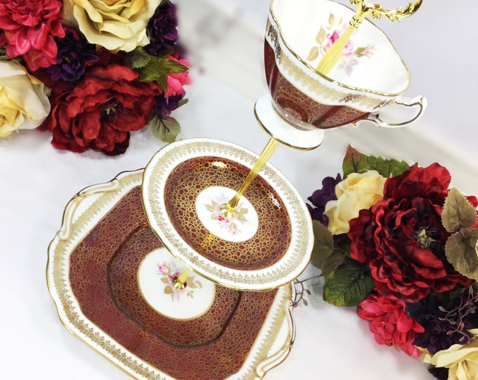 Hammersley Burgundy 3 Tier Server, English Bone China, Tray Tid Bit Dish, Jewlery Organizer, Dessert Tray for Wedding, Tea Time #A307