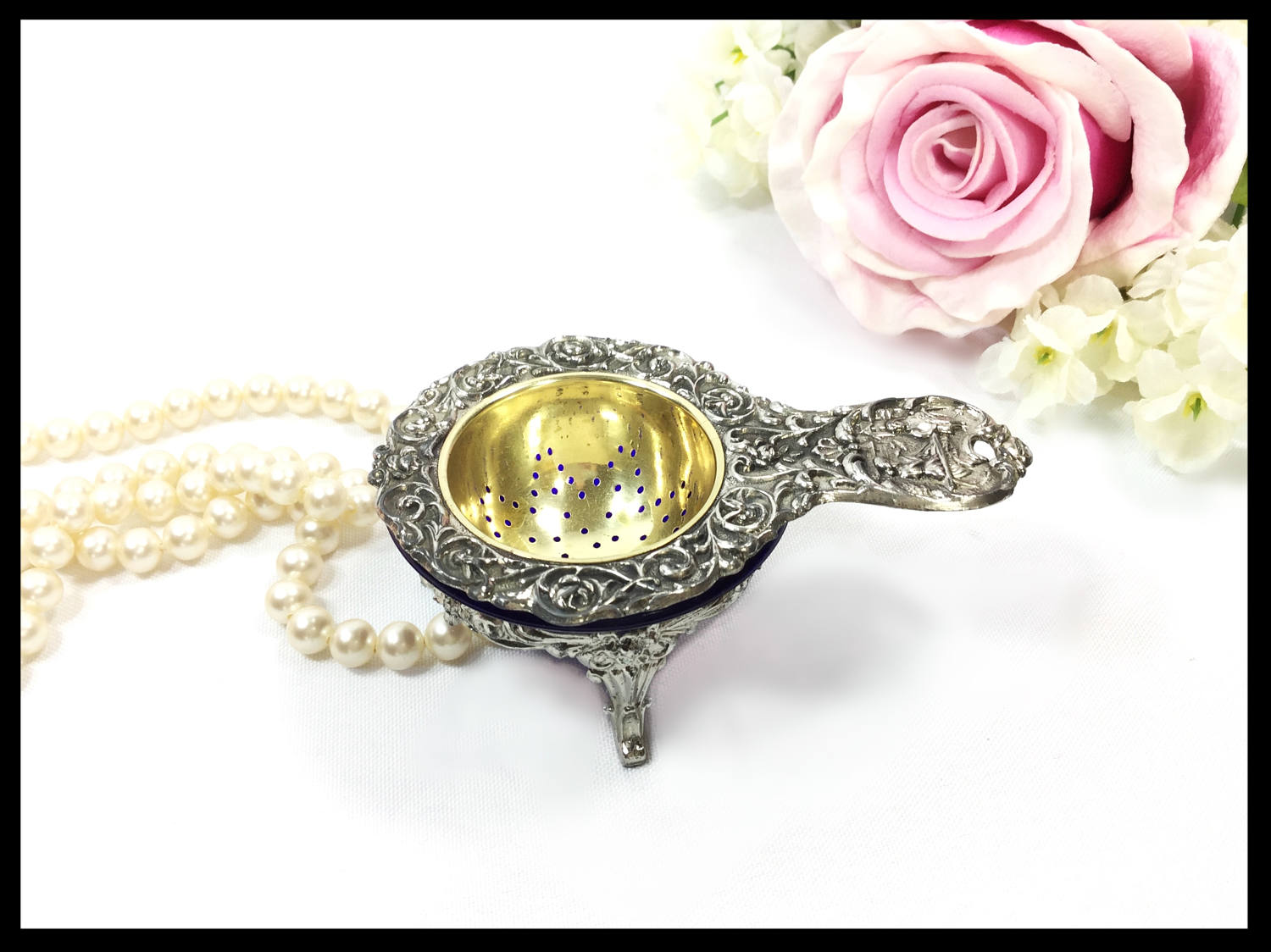 Antique German Victorian Silverplate Tea Strainer W/ Cobalt Glass Liner