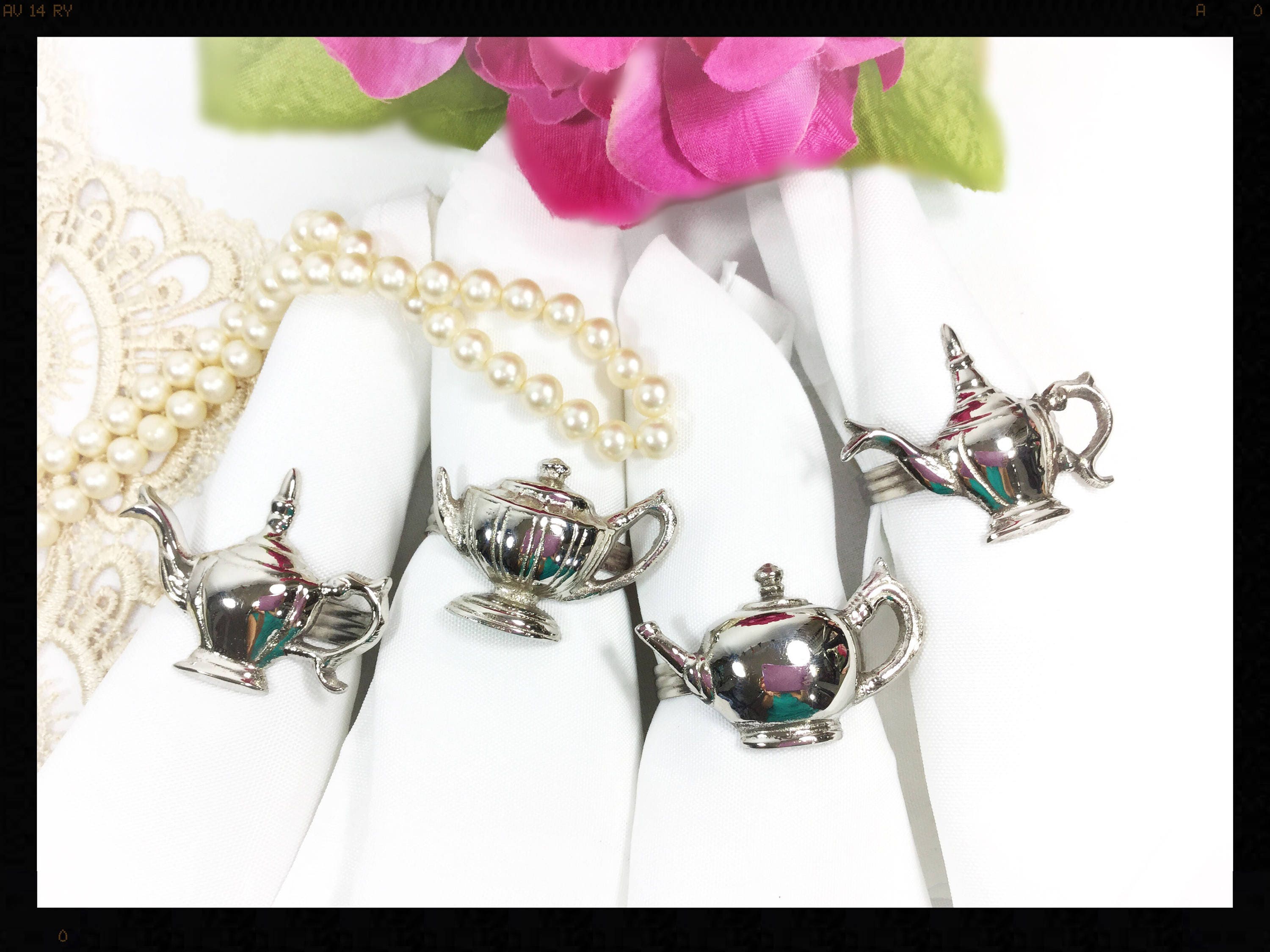 Silver Teapot Napkin Rings Set of 4, Tea Time Napkin Rings, Tea Party