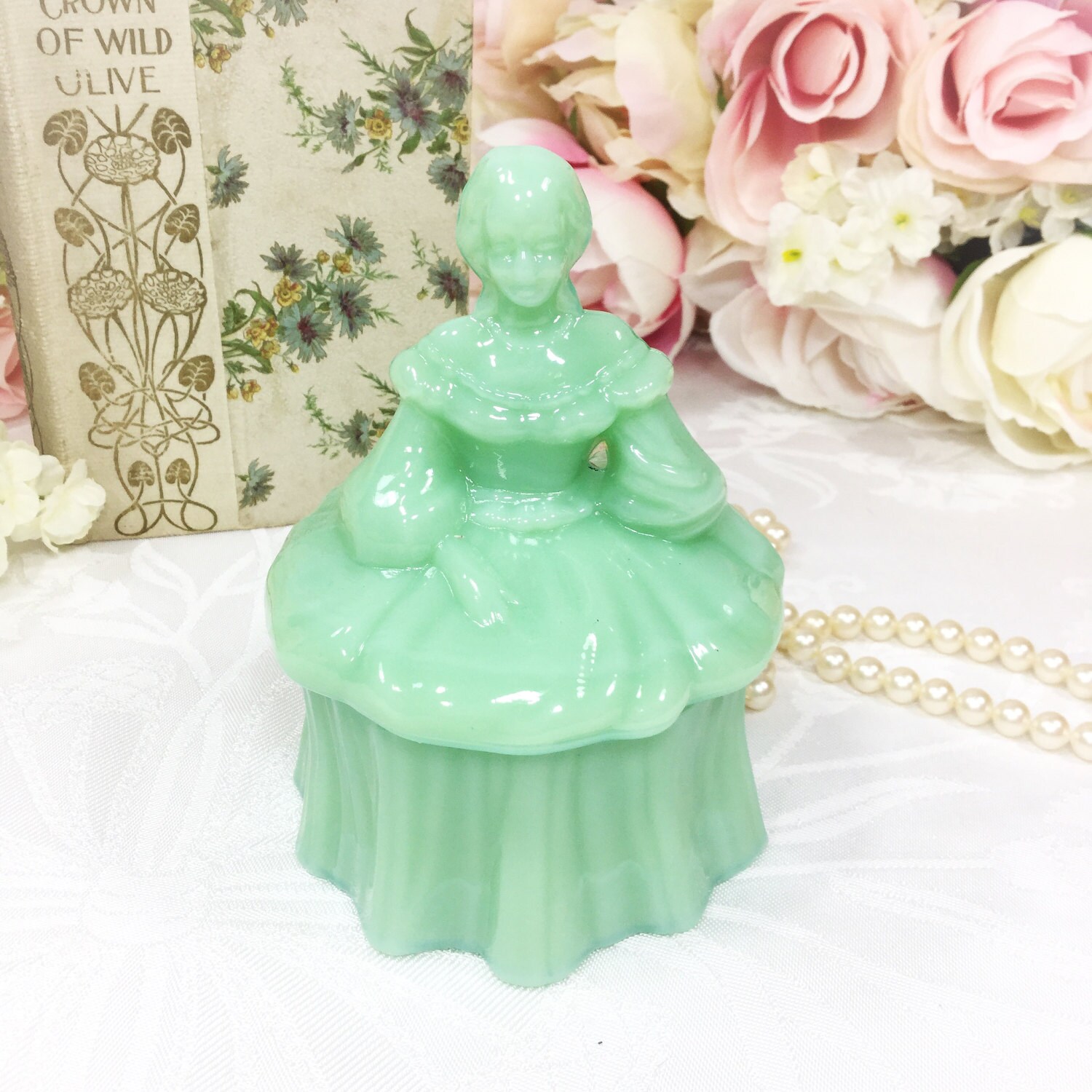 Jadeite Mosser Green Glass Powder Trinket Box Woman Colonial Victorian