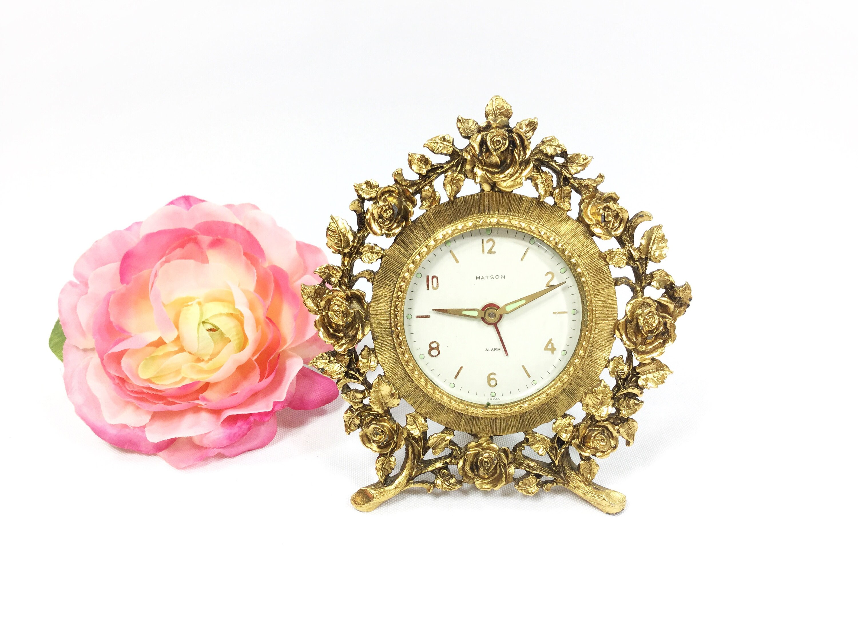 Vintage 24K Gold Ormolu Matson Wind Up Clock, Ornate Matson Ormolu Rose
