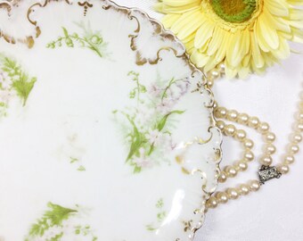 French Limoges Porcelain Plate, Floral Gold Gilt Scalloped Edge, English Collectible Wall Decor #A33
