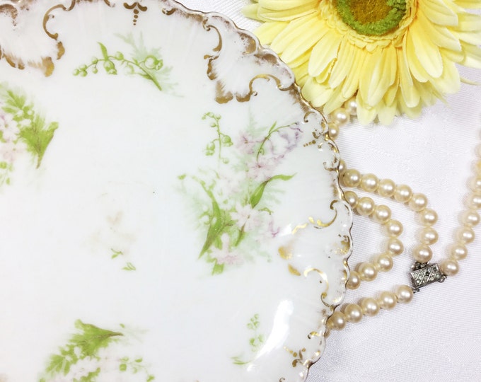 French Limoges Porcelain Plate, Floral Gold Gilt Scalloped Edge, English Collectible Wall Decor #A33