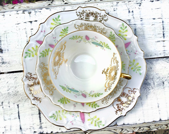 Vintage Bavaria Tea Trio, Gold Filigree Floral German Tea Set #B707