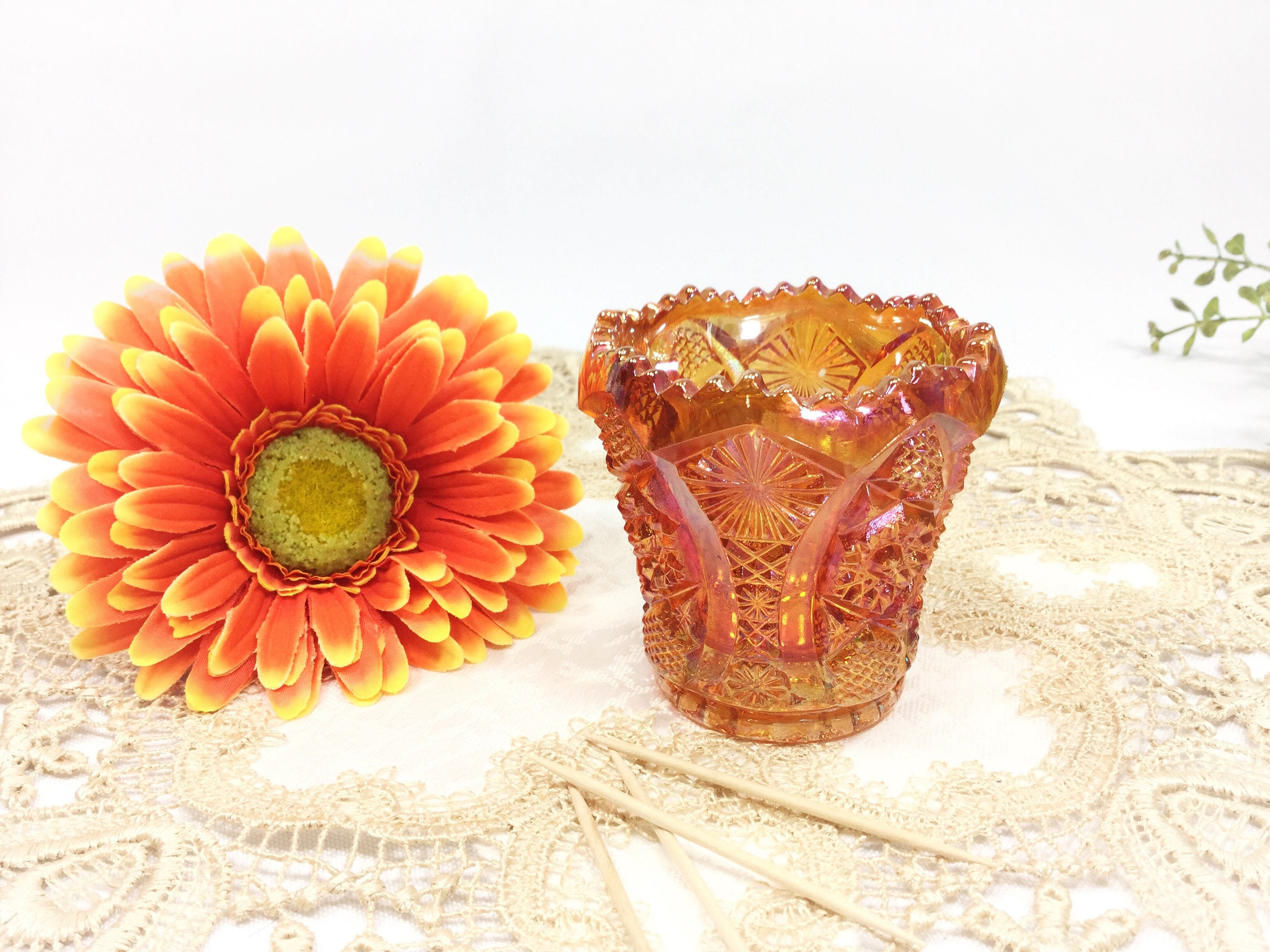 Orange Carnival Glass Toothpick Holder, Orange Glass Bud Vase, Orange
