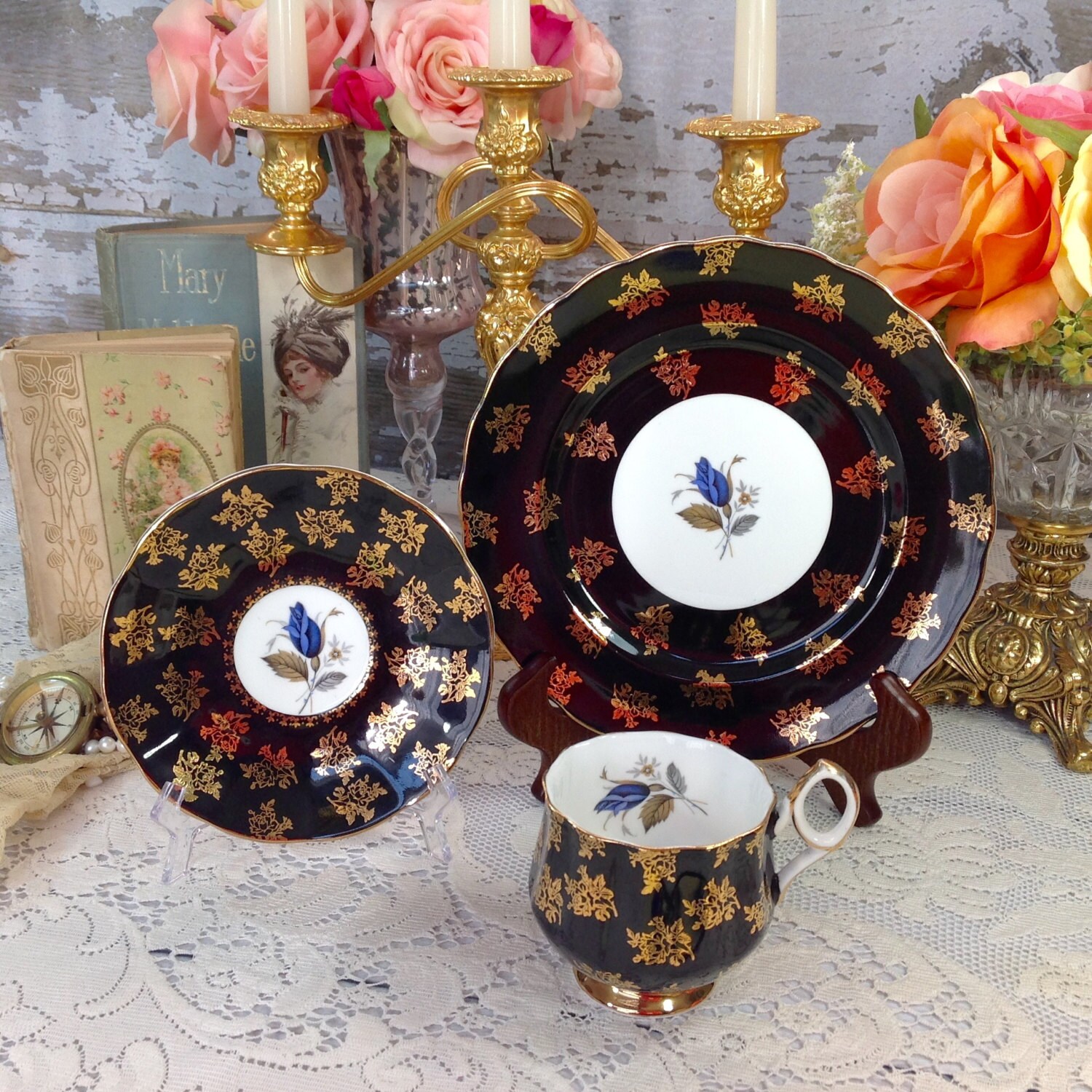 Stunning Black & Gold Elizabethan Fine Bone China Trio 3 Piece Gold Floral Chintz EnglishTea Set