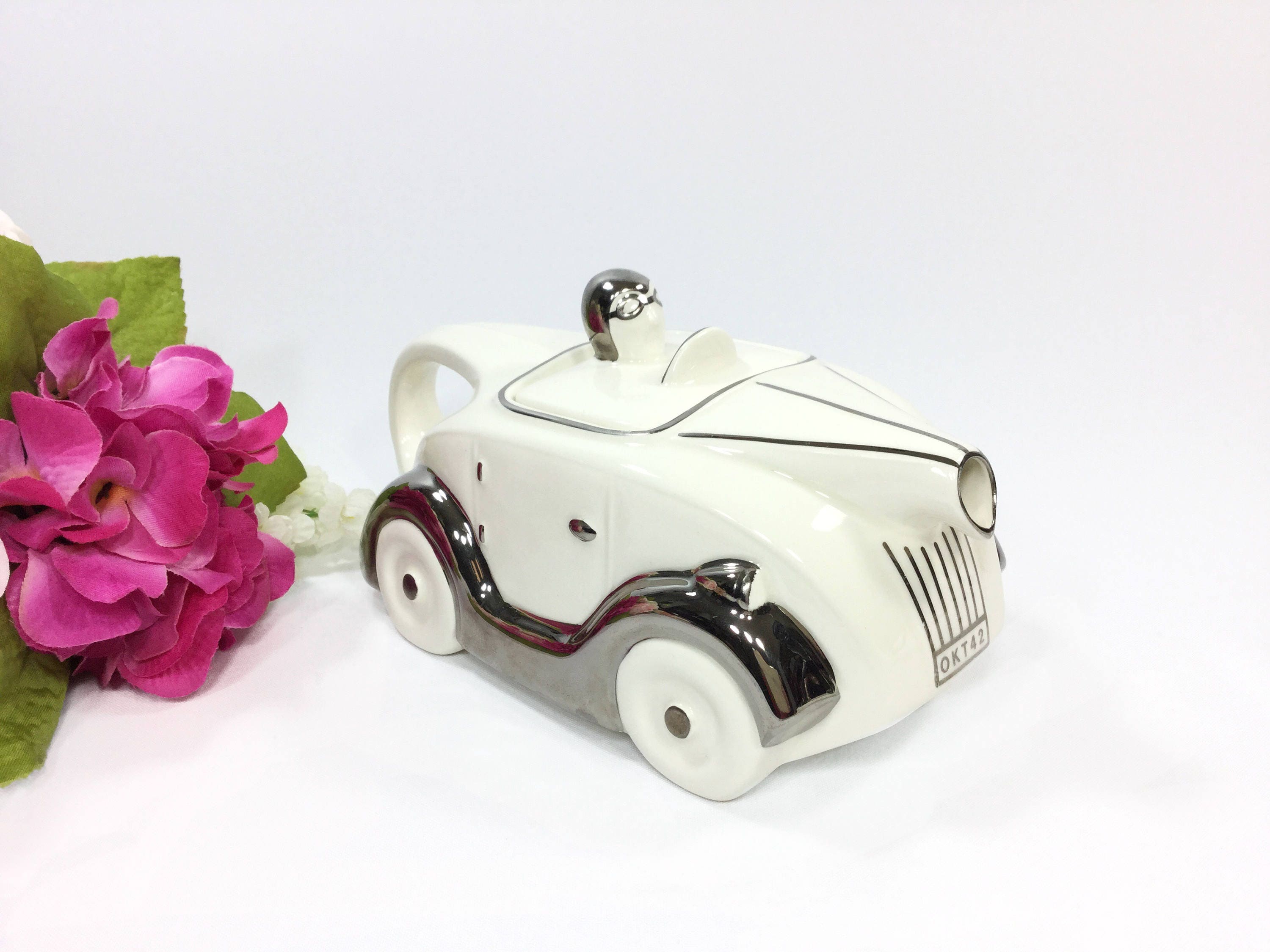 Ecru Racing Car Teapot, Art Deco Car Teapot, Collectible Sarsaparilla