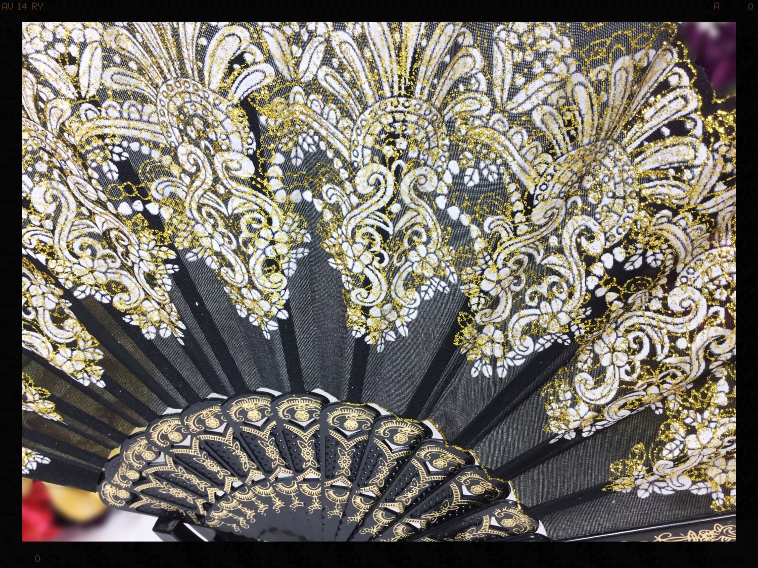 Black & Gold Spanish Lace Floral Folding Fan For Weddings