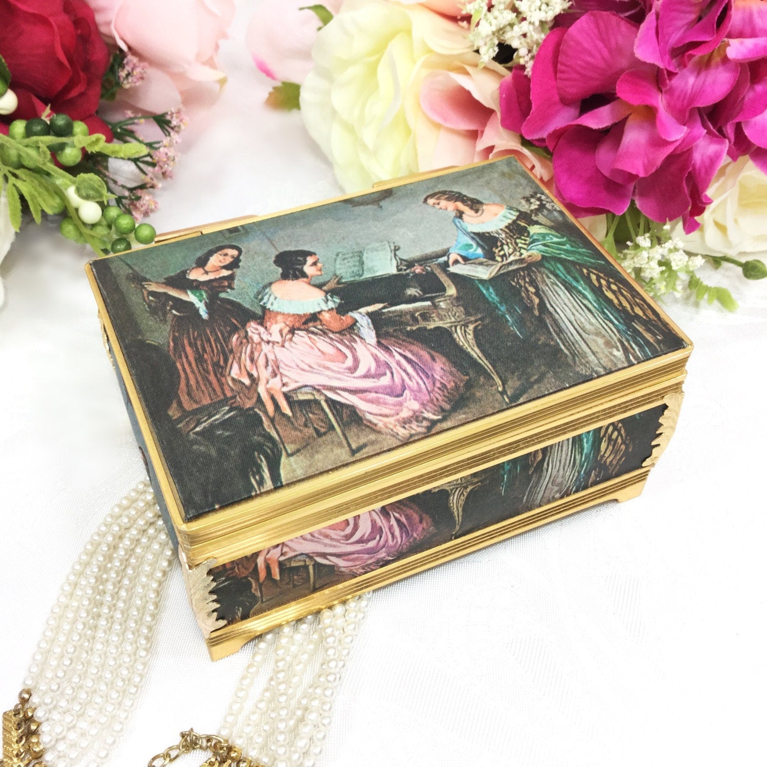 Schmid Satin Portrait Music Box, Portrait Jewelry Box, Schmid Music