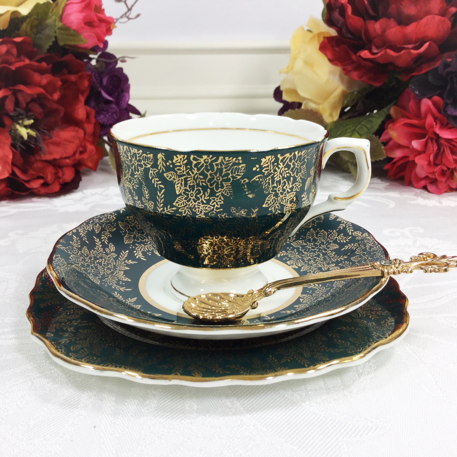 Colclough Gold Chintz Bone China English Tea Trio, Bone China English