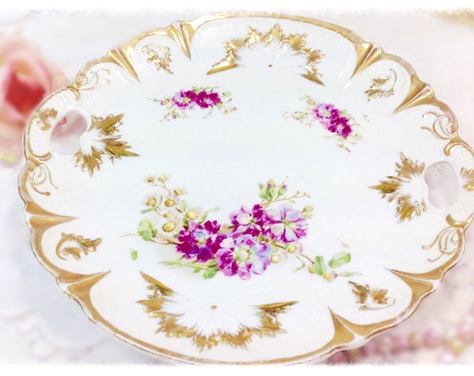 Gold Gilt Vintage Purple Floral Sprays Scalloped Platter With Handles, Perfect for Tea Party Wedding Shower Tea Time #370