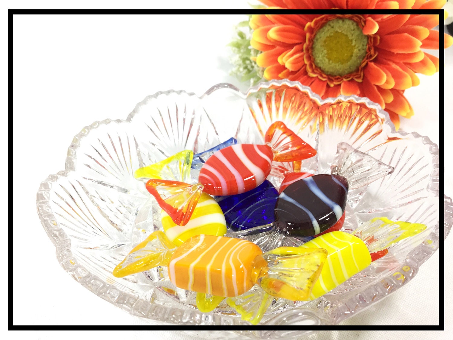 7 Vintage Assorted Hand Blown Glass Candies W/ Clear Bowl, Handmade