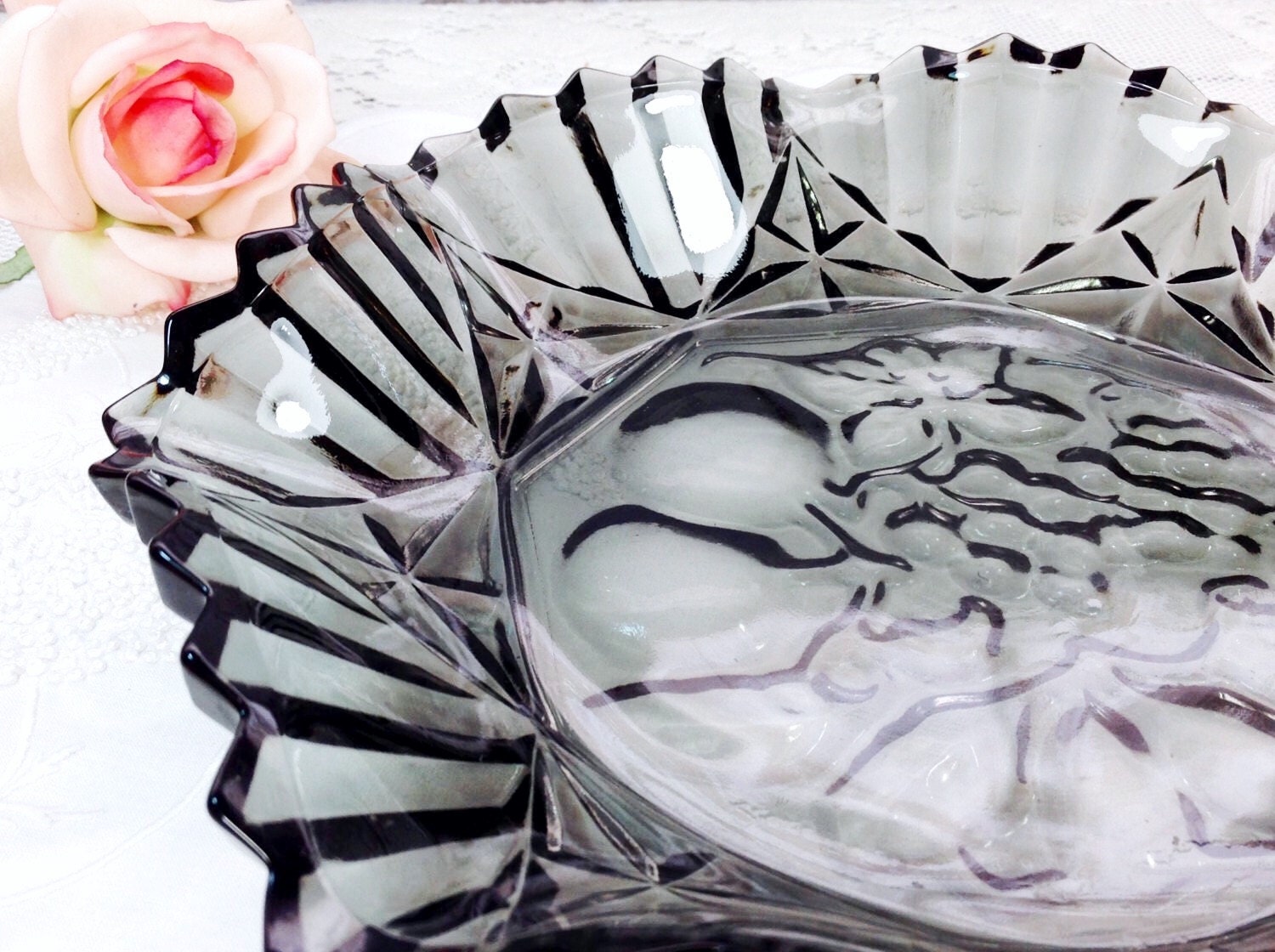 Black Glass Vintage Platter, Bowl, For Home Decor, Table, Pastry Server