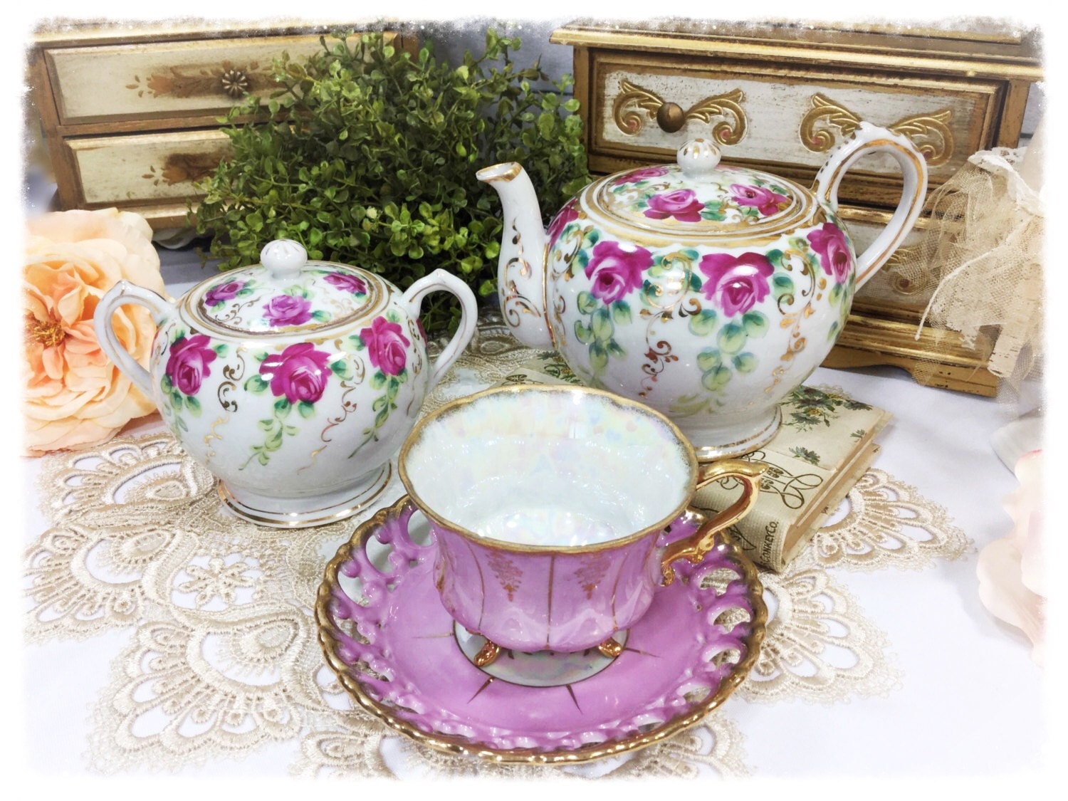 3 Piece Pink Floral English Teapot Set, Teapot, Creamer & Covered Sugar