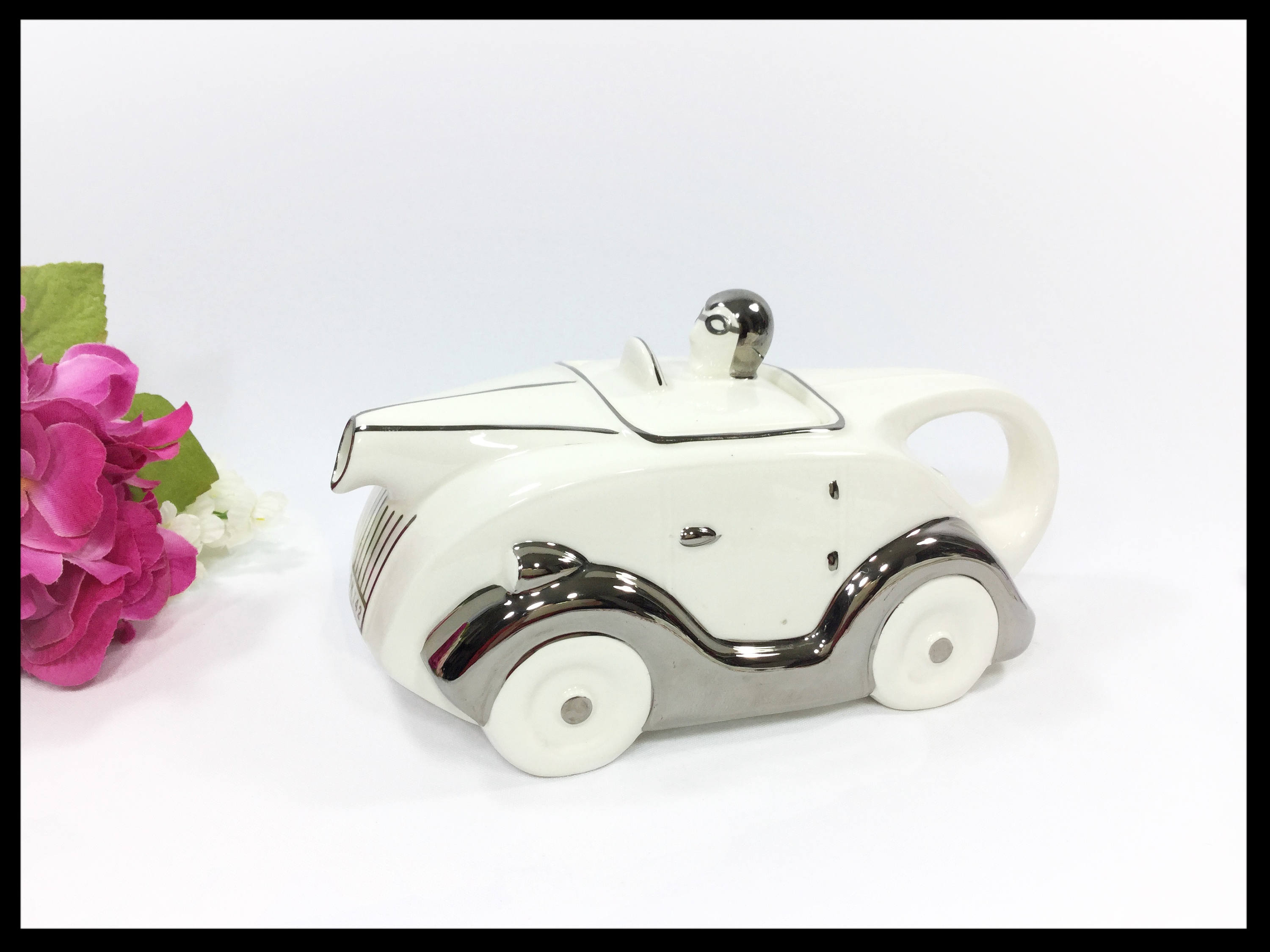 Ecru Racing Car Teapot, Art Deco Car Teapot, Collectible Sarsaparilla