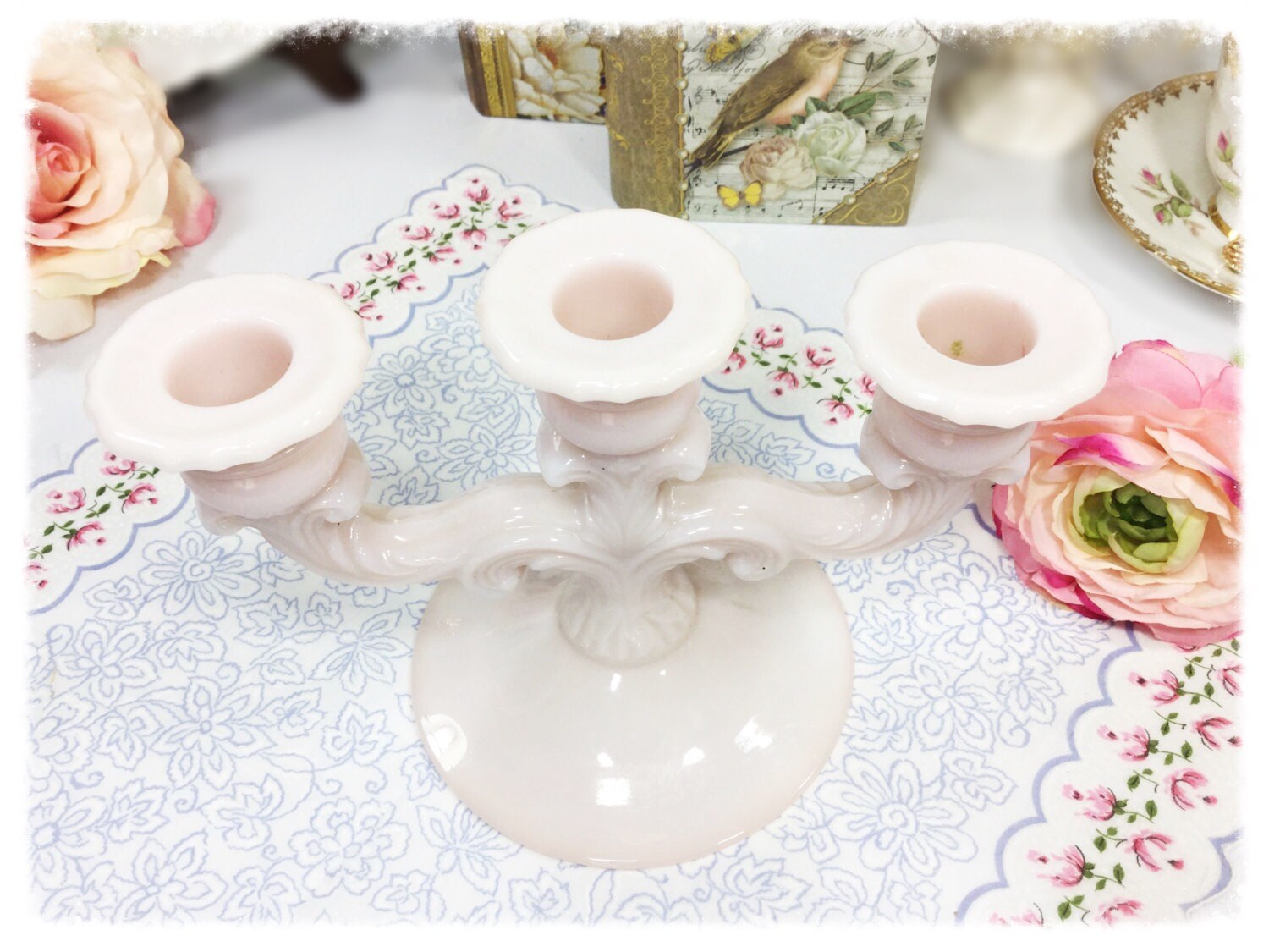 Cambridge Crown Tuscan Triple Pink Milk Glass Candelabra, 3 Arm Candle