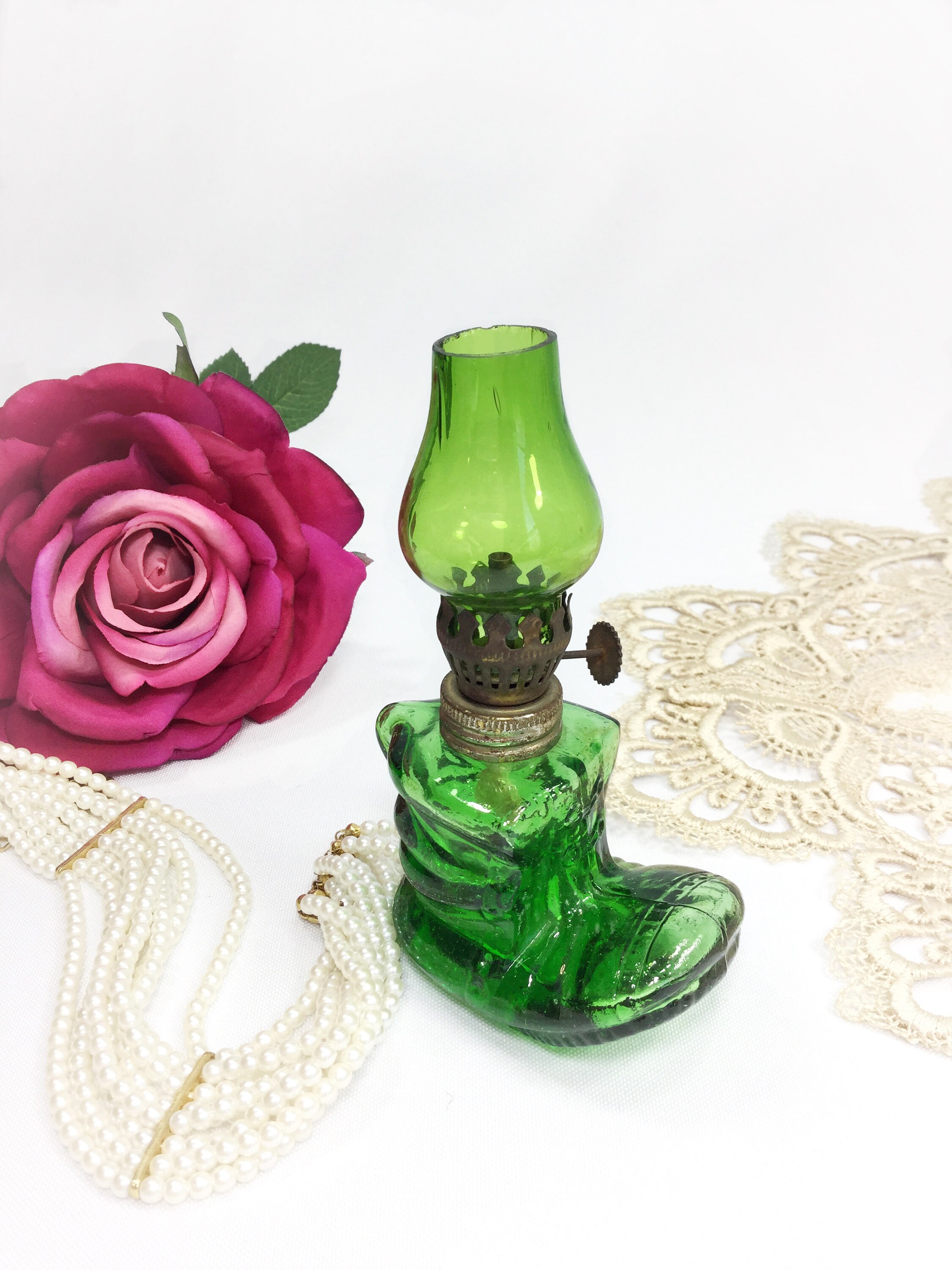 Shoe Mini Oil Lamp Set, Green Miniture Oil Lamp, Collectible Oil Lamp