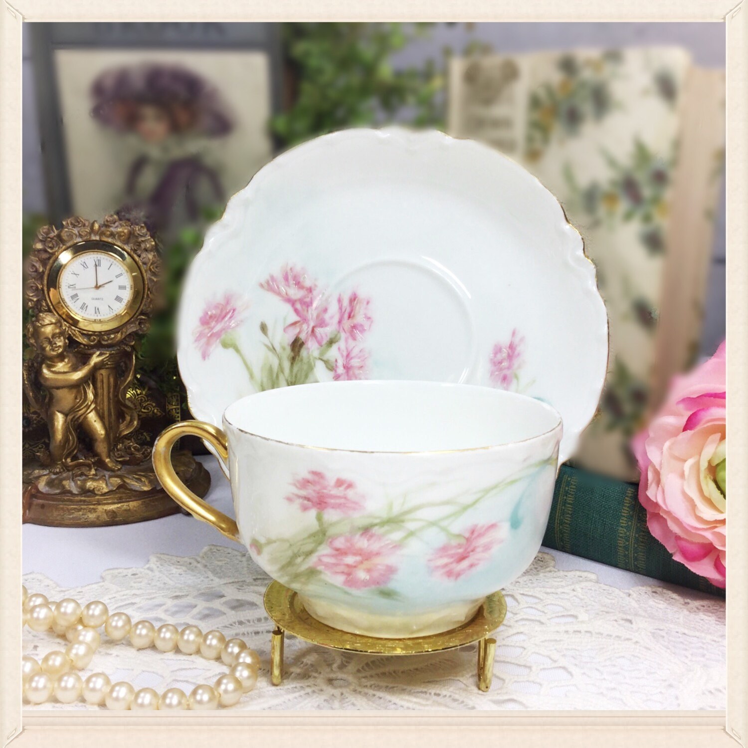 Handpainted H & C Floral French Tea Cup and Saucer, Gilt, For Wedding