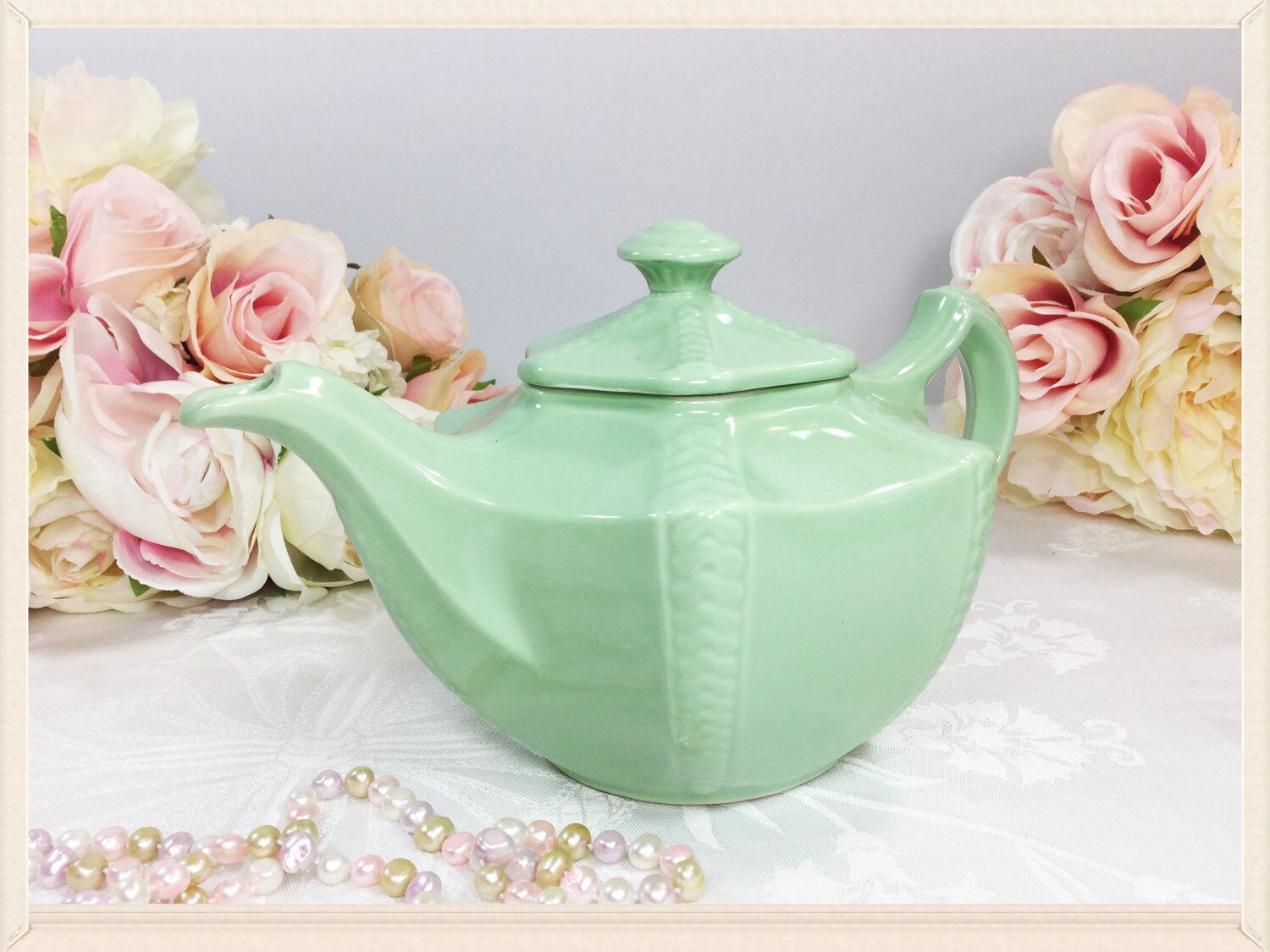 Elegant Vintage Green Celadon Hall Teapot For Tea Time Tea Party, Baby