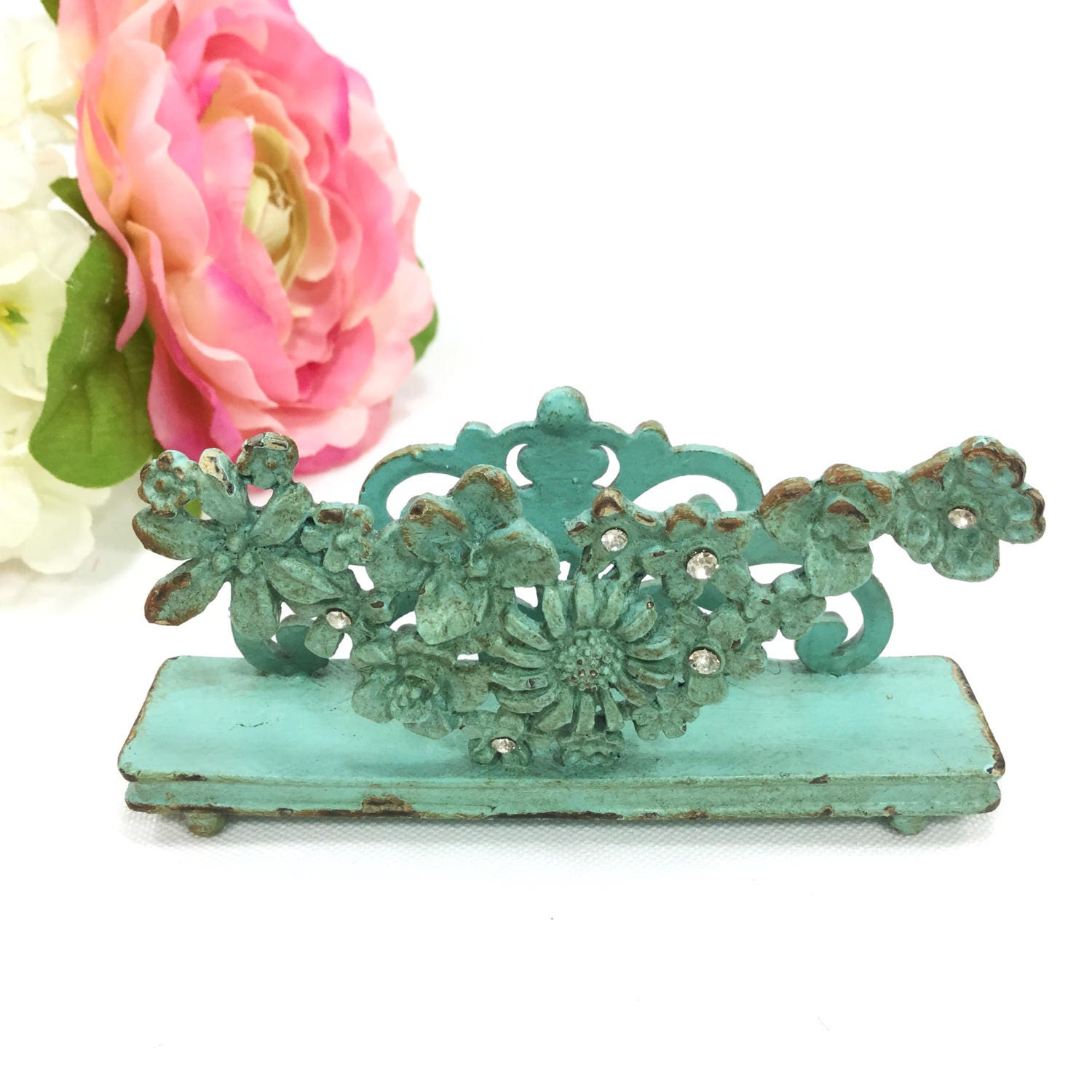 Antique Sea Green Card Holder W/ Scroll & Flower Design, Vintage