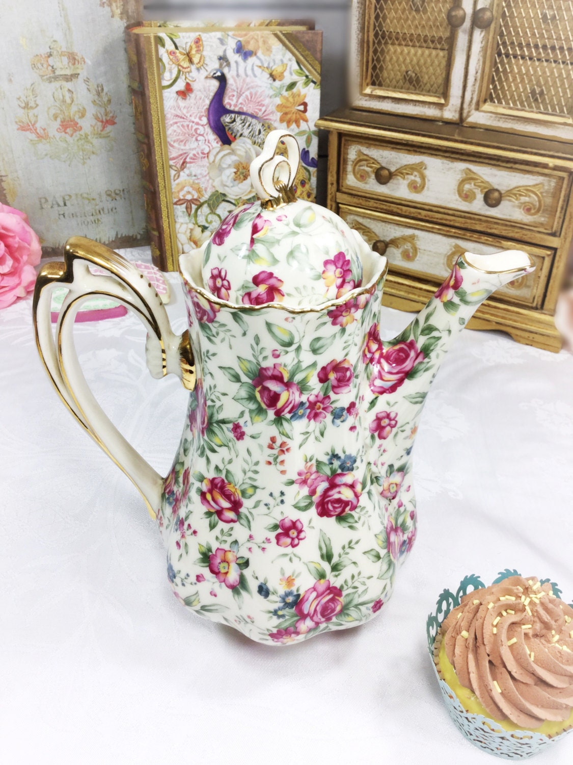 Dainty Pink Rose Floral Chintz Teapot, Chintz Coffee Pot, Shabby Chic