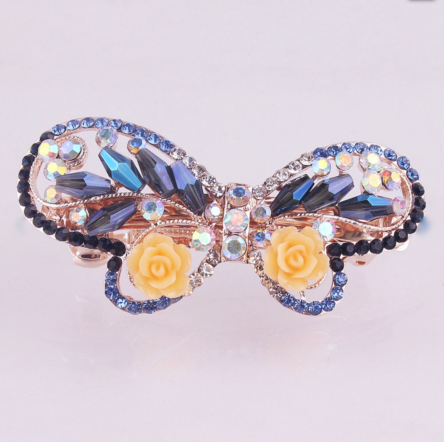 Blue Austrian Crystal Butterfly Hair Clip, Rose Gold Colored Hair Clip