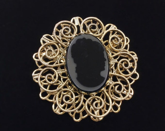 Black Silhouette Cameo Brooch, Gold Filigree Accents, Victorian Jewelry #A414