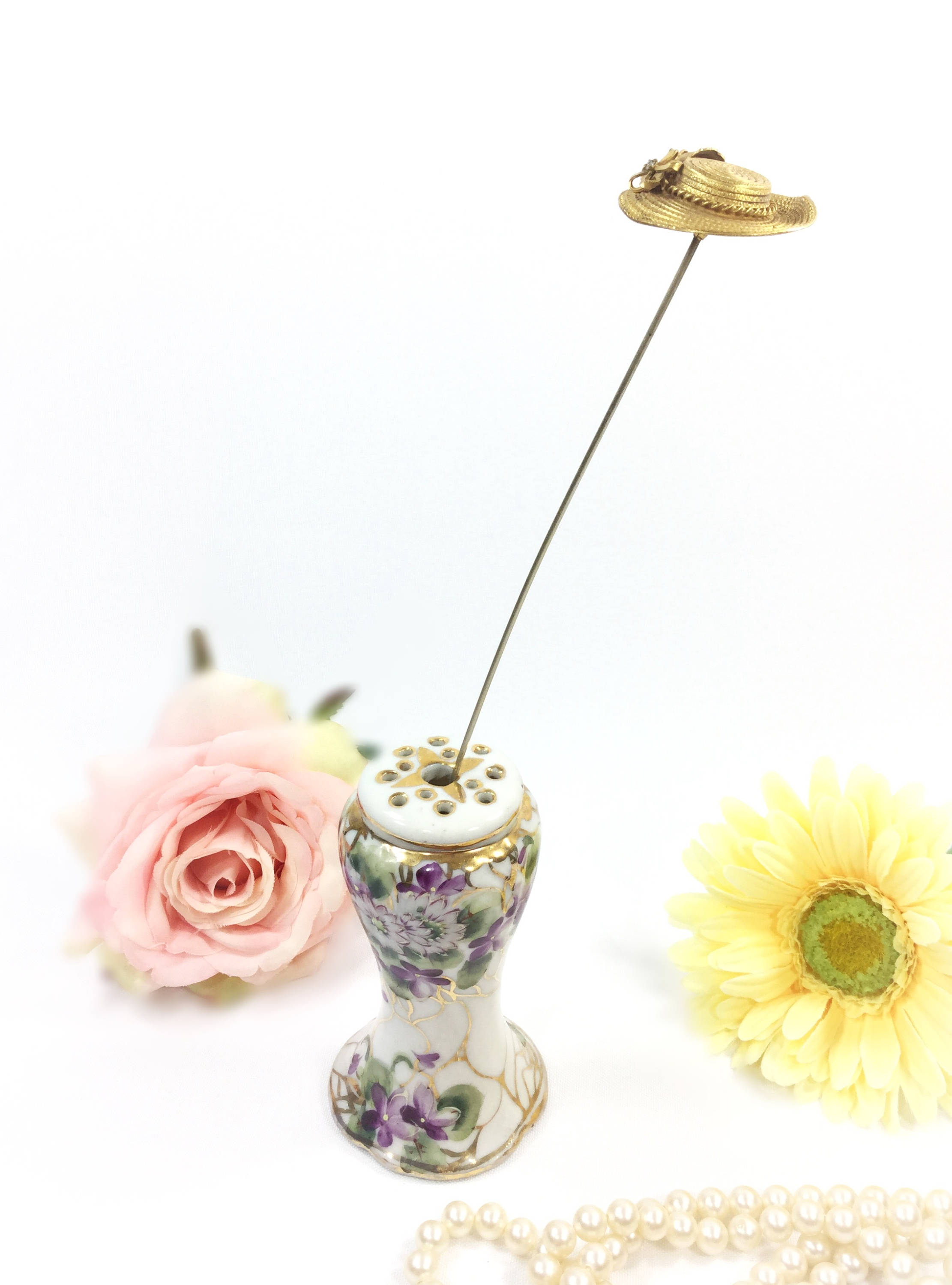 Handpainted Victorian Hat Pin Holder With Hat Pin, Lilac Gilt Hat Pin Holder B048
