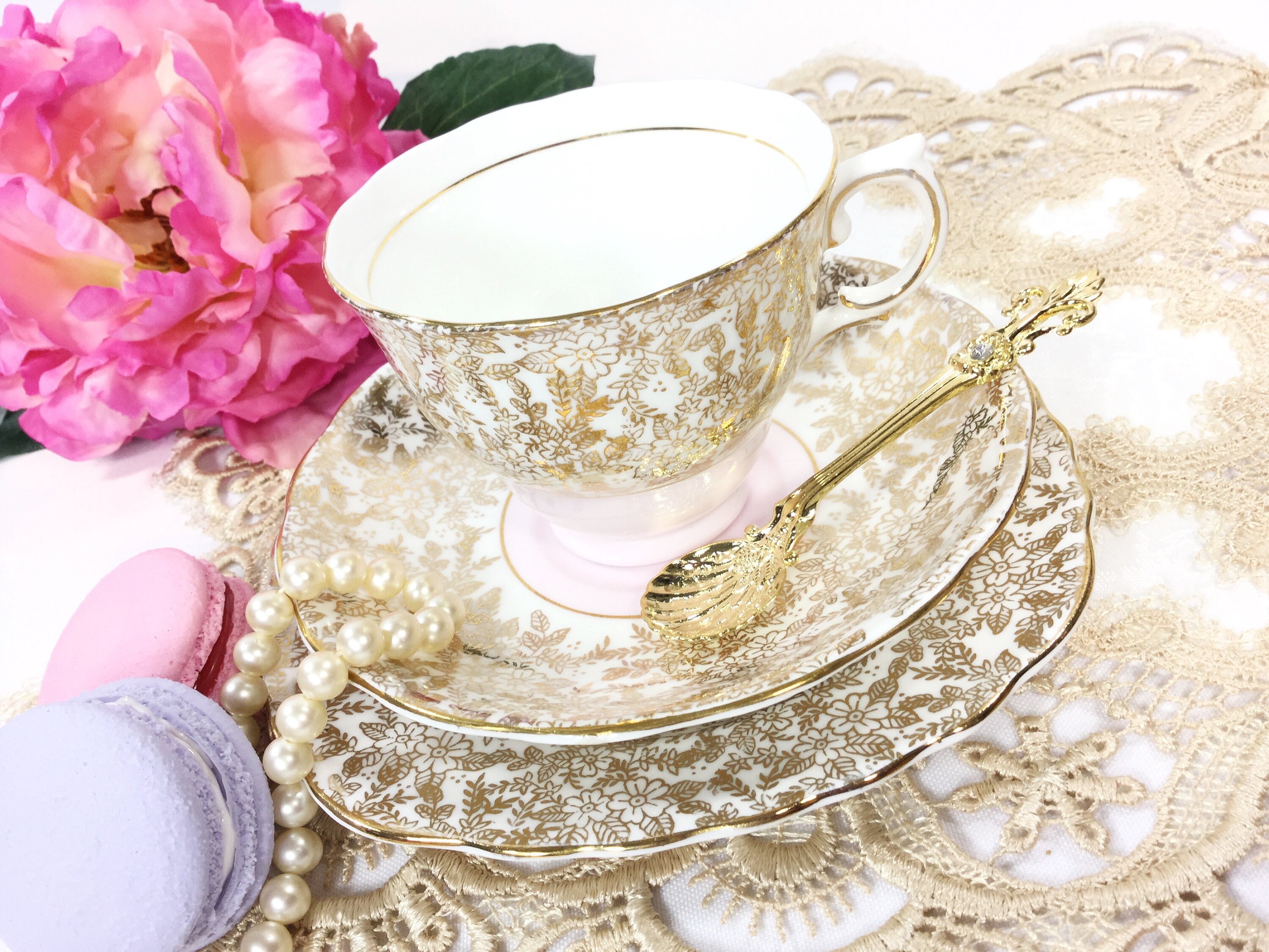 Colclough Pink Tea Set, Pink & Gold Tea Trio, English Bone China Tea