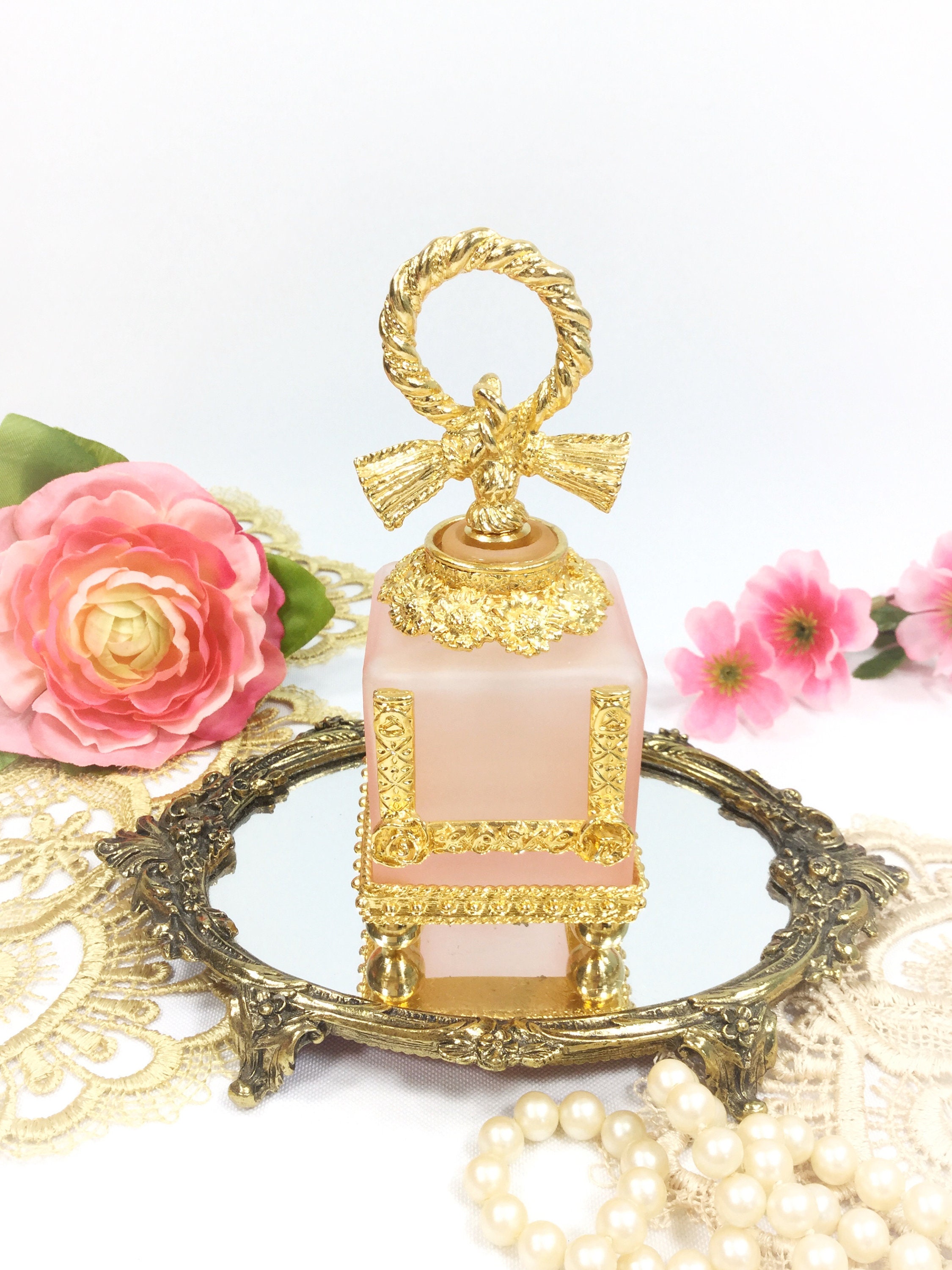 Elegant Pink & Gold Perfume Bottle, Vintage Perfume Bottle for Vanity