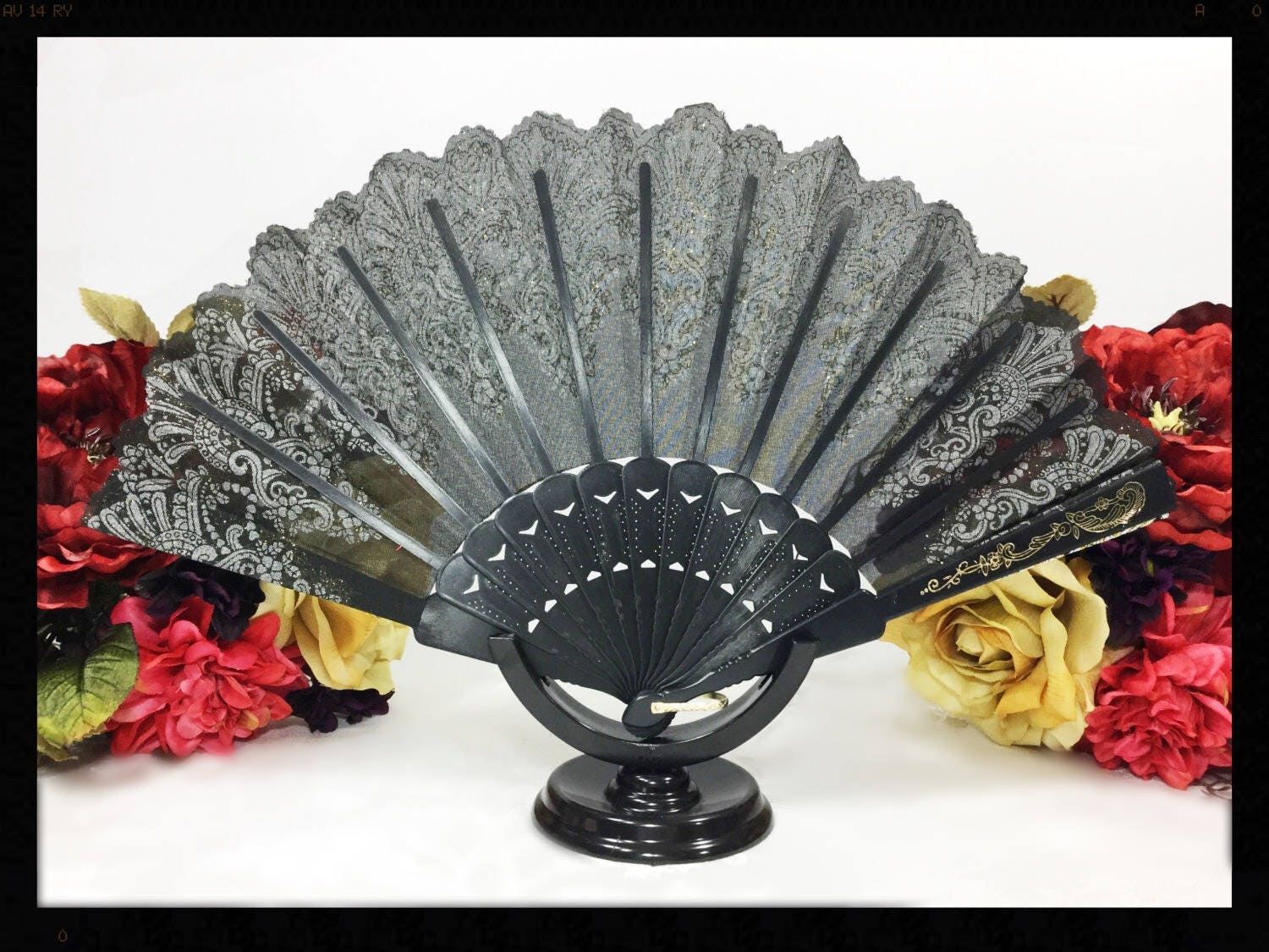 Black & Gold Spanish Lace Floral Folding Fan For Weddings