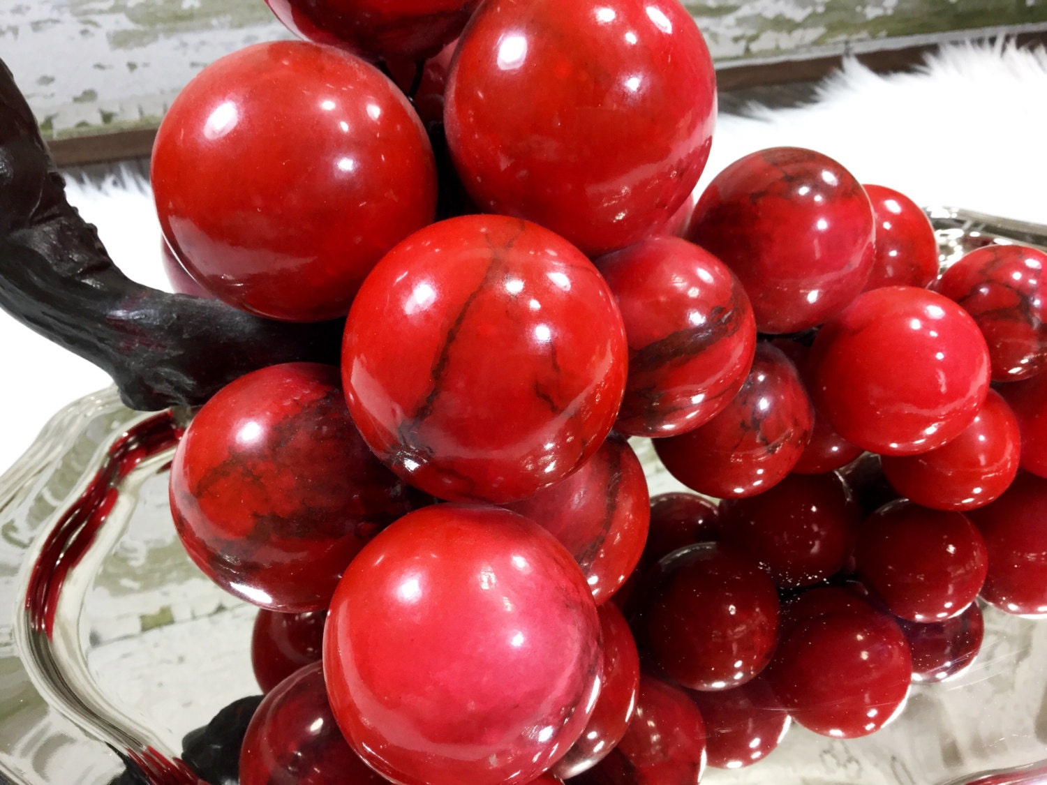 Vintage Italian Alabaster Red Marble Grape Cluster, Marble Fruit, Mid