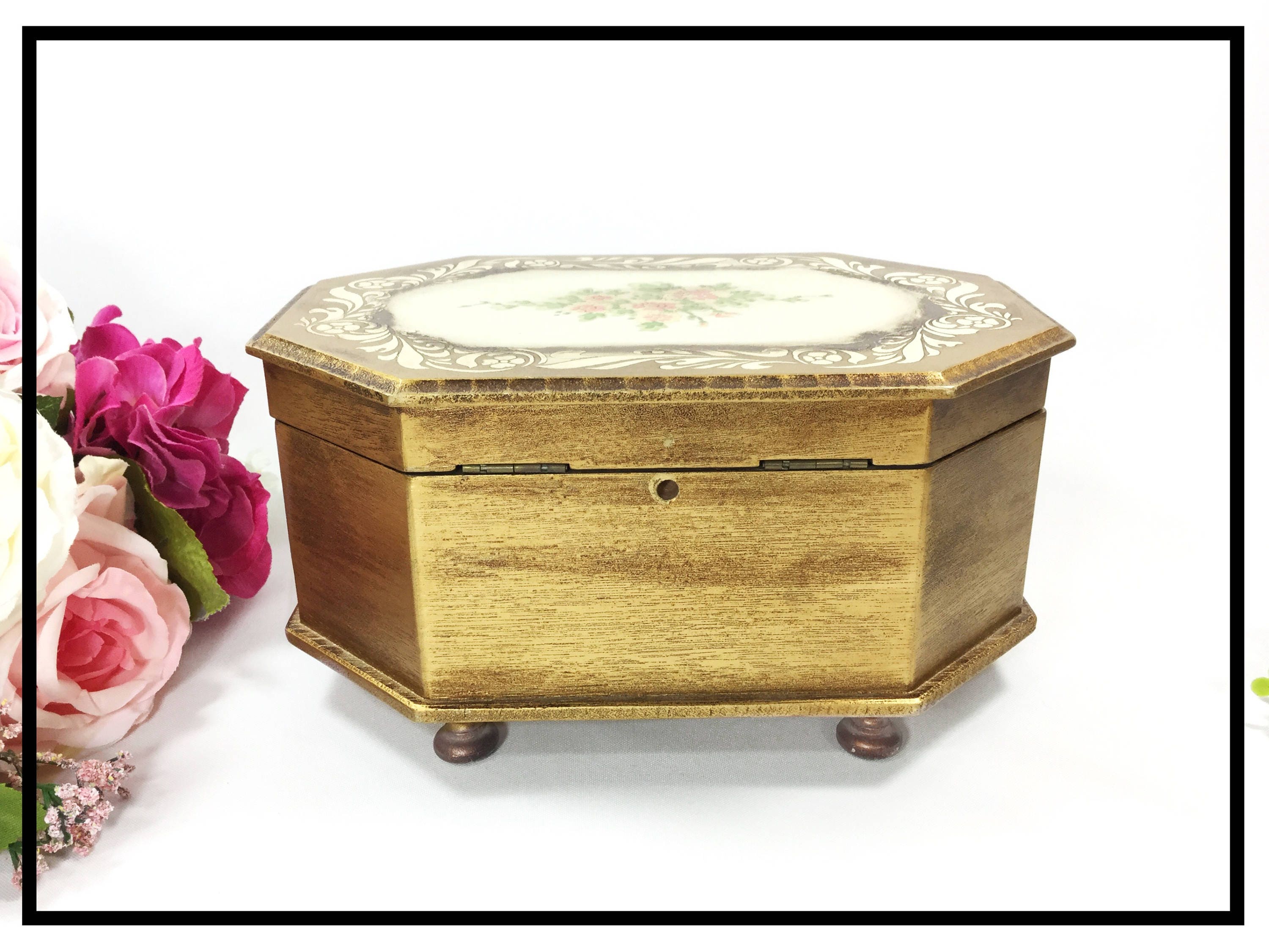 Handpainted Gold Florentine Floral Jewelry Box, Florentine Jewelry Box, Gold Jewelry Box, Gift A988