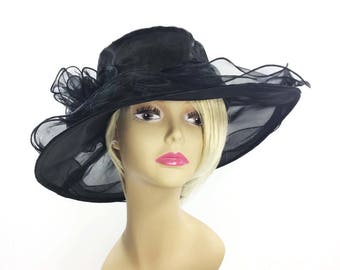 Sheer Black Organza Hat, Elegant Tea Party, Funeral, Summer Occasion Accessory