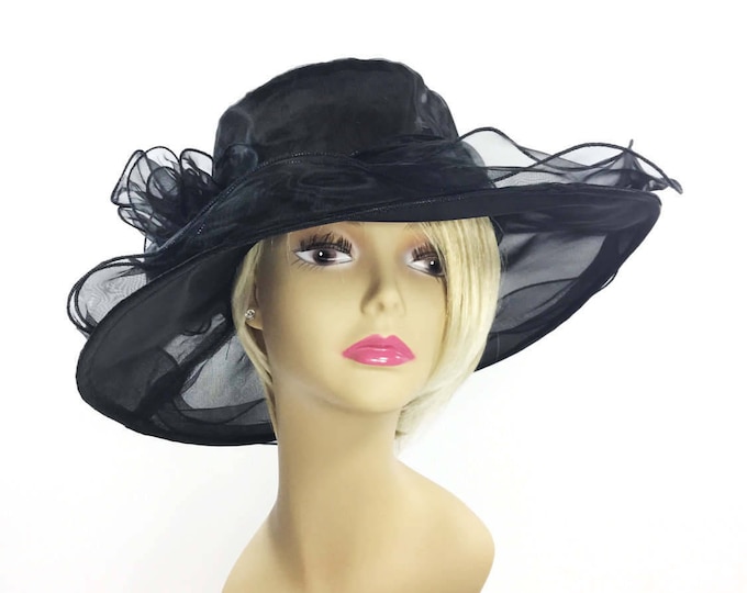 Sheer Black Organza Hat, Elegant Tea Party, Funeral, Summer Occasion Accessory