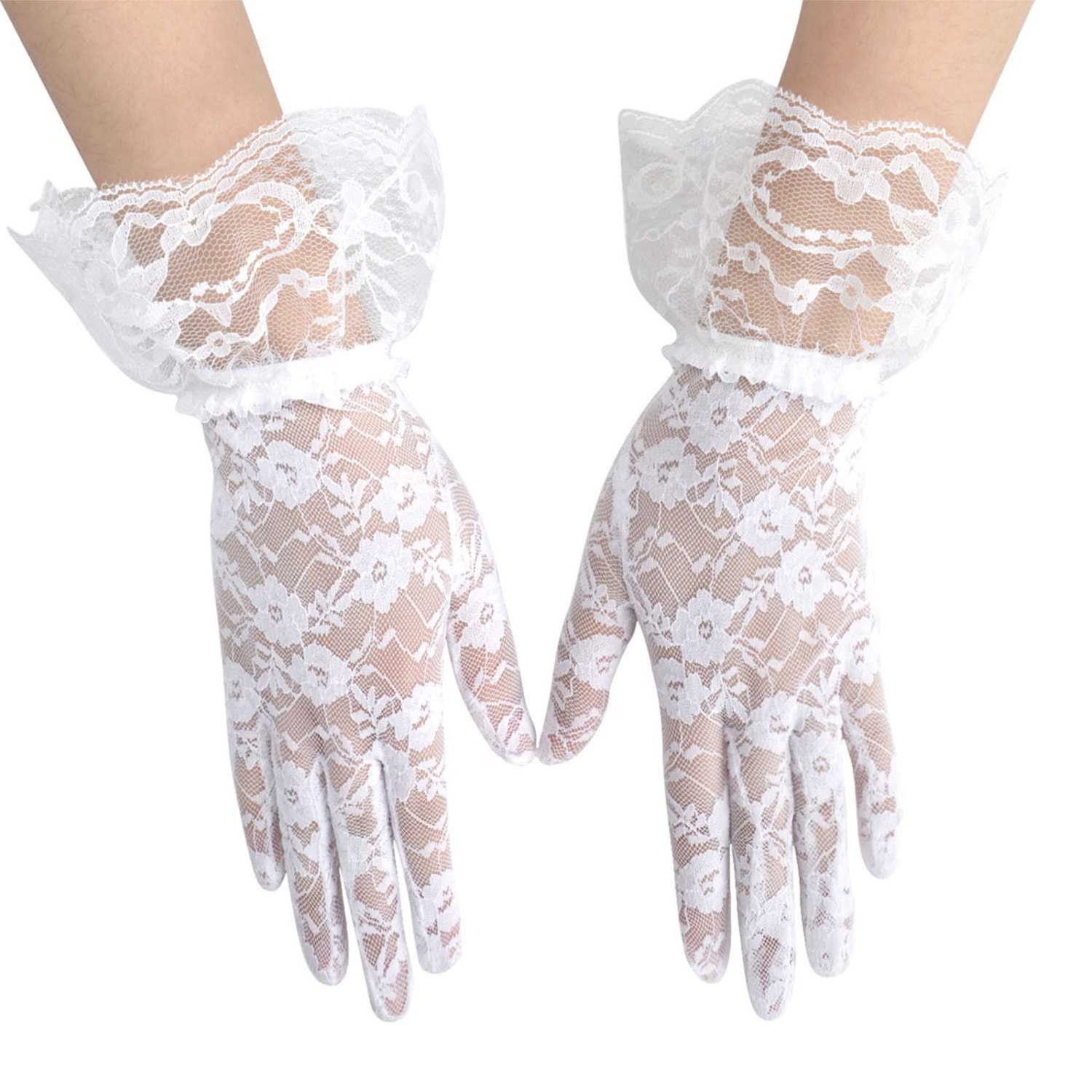 Elegant White Lace Ladies Above Wrist Length Gloves W/ Lace Ruffle