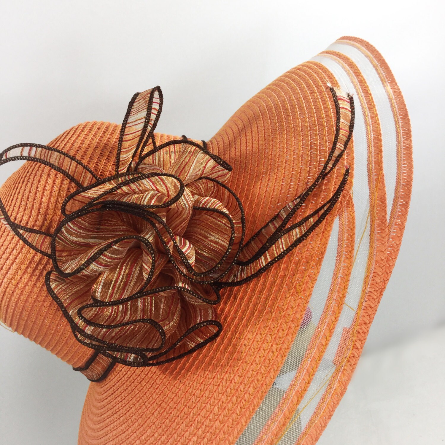Chic Ladies Orange Ribbon Tea Party Hat, Summer Hat, Dress Up Hat