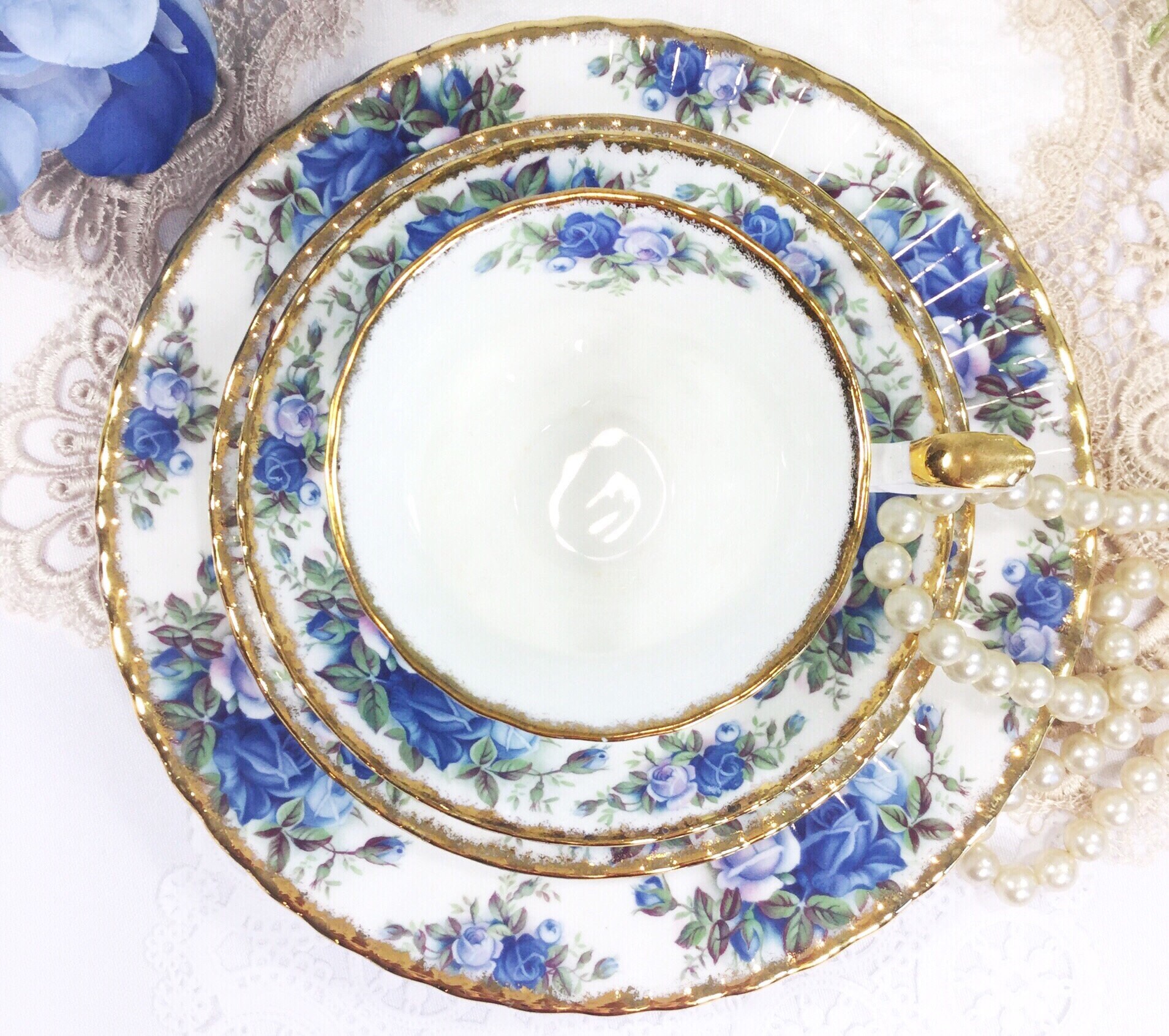Moonlight Tea Set Dazzling Rare Royal Albert Moonlight Rose 4 Piece Set, Blue Rose Tea ...
