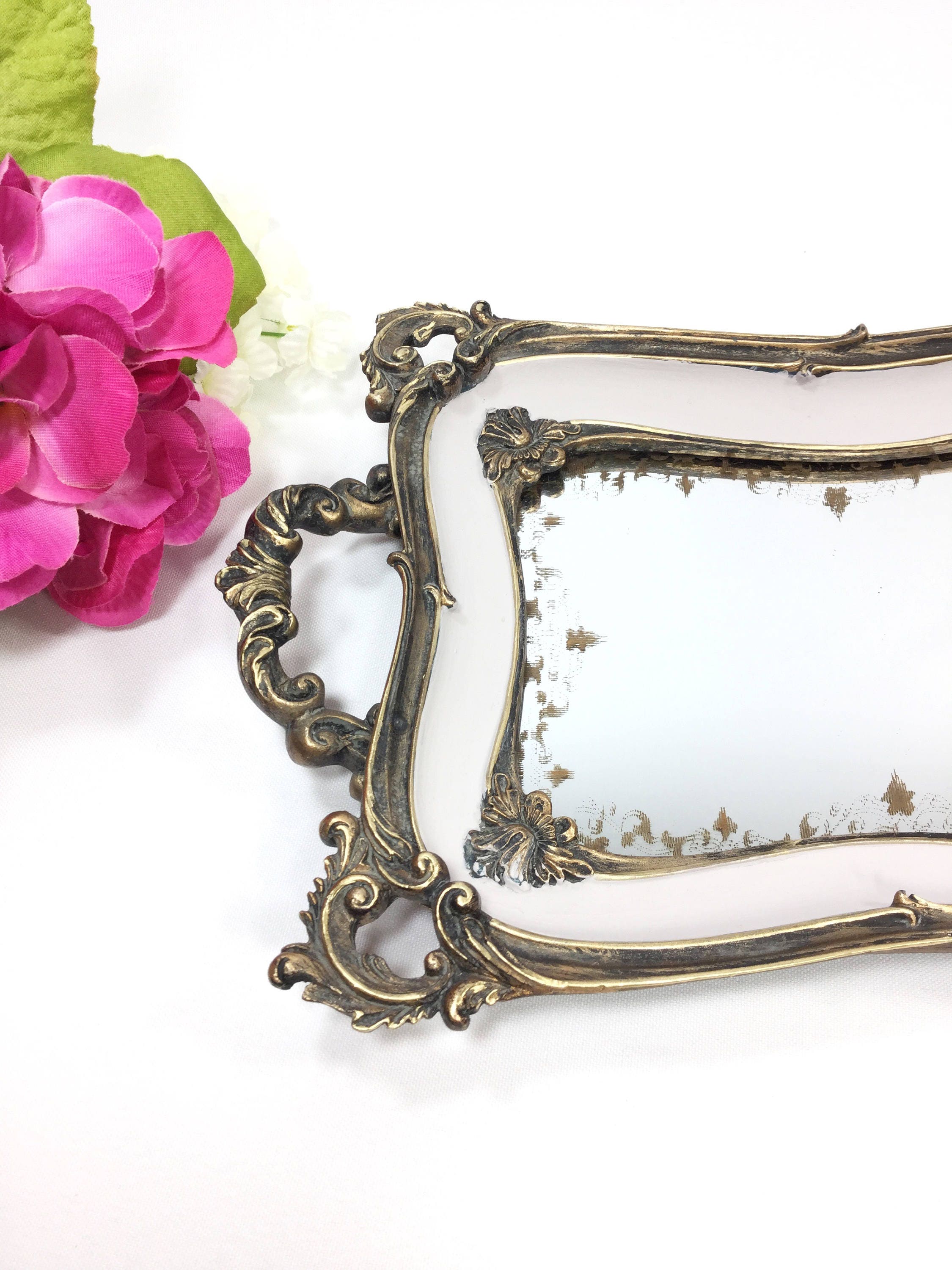 Ornate Gold Lavender Display Tray Vanity Dresser Tray Boudoir