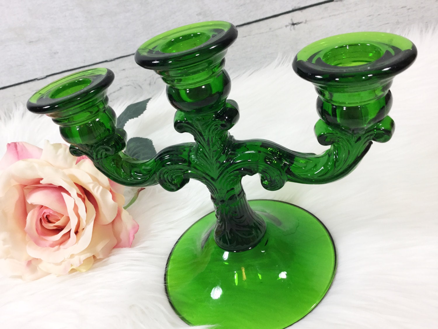 Stunning Cambridge Hunter Green Glass Triple Arm Candelabra, 3 Arm