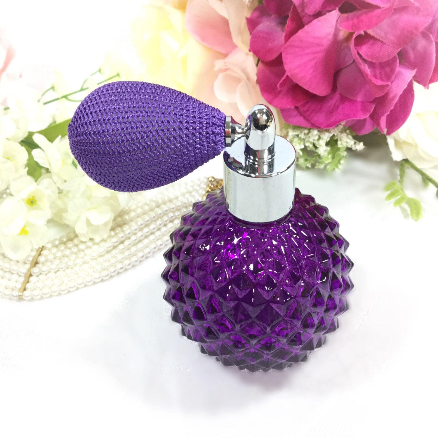 Purple Glass Cut Perfume Atomizer, Purple Perfume Spray Bottle for Vanity Decor or Boudoir Decor