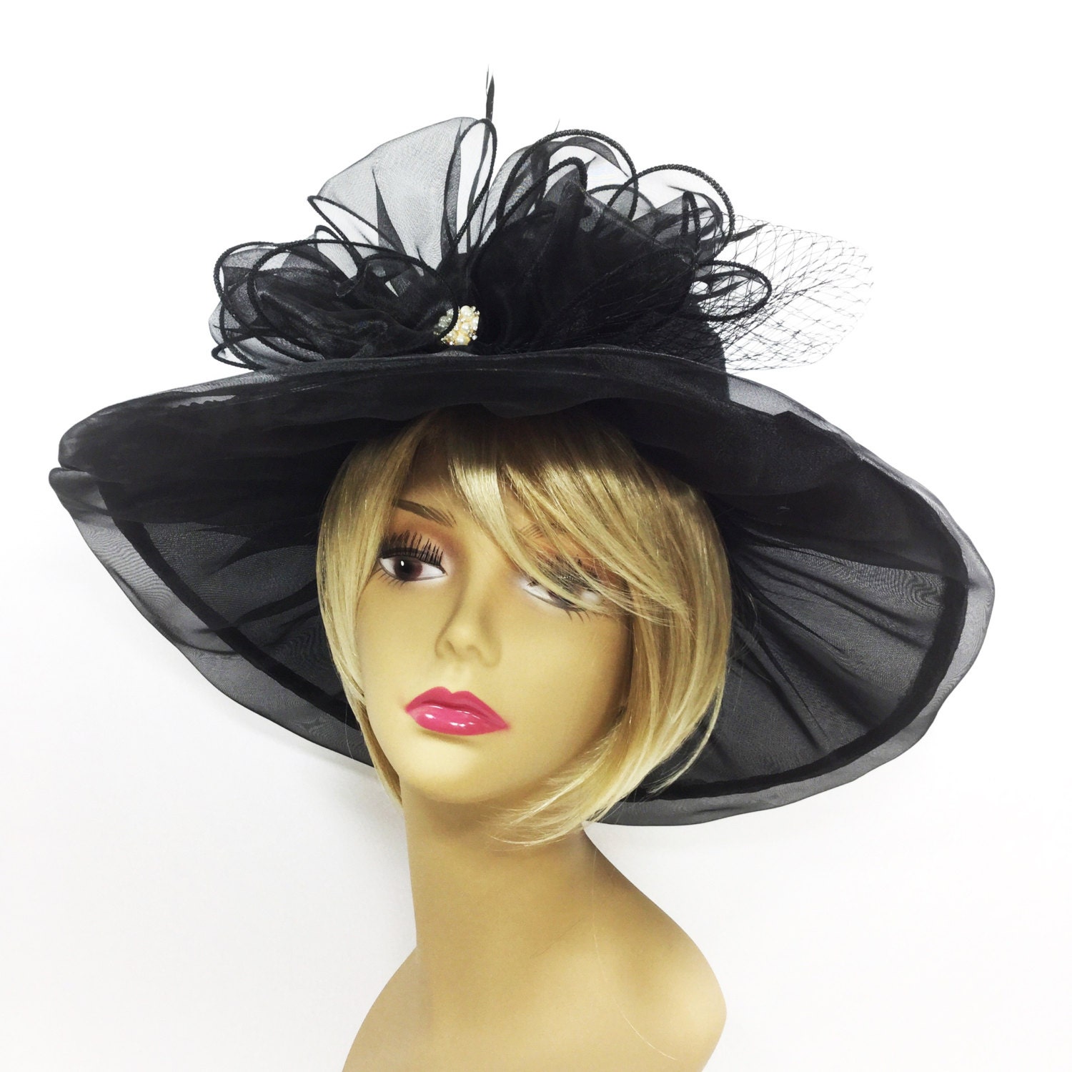 Elegant Ladies Sheer Black Ribbon Tea Party Hat, Summer Hat, Dress Up ...