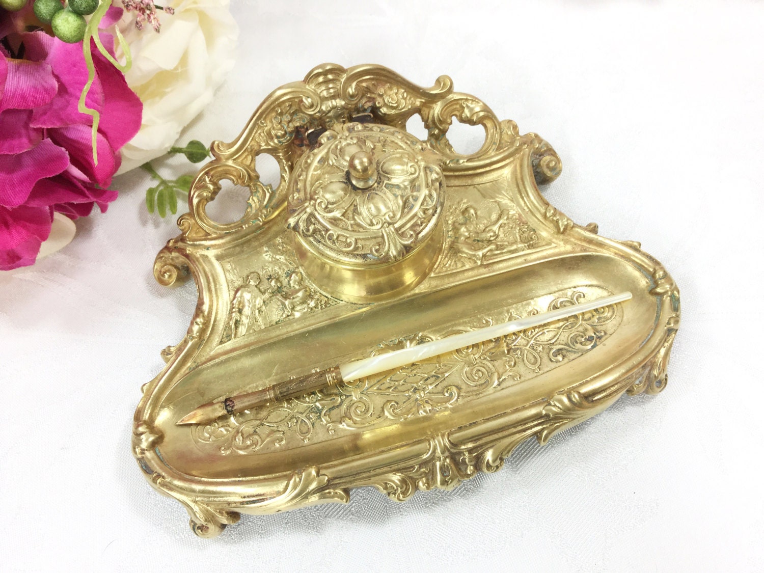 Ornate Brass Victorian Inkwell W/ Pen Tray, Victorian Inkwell for Dip