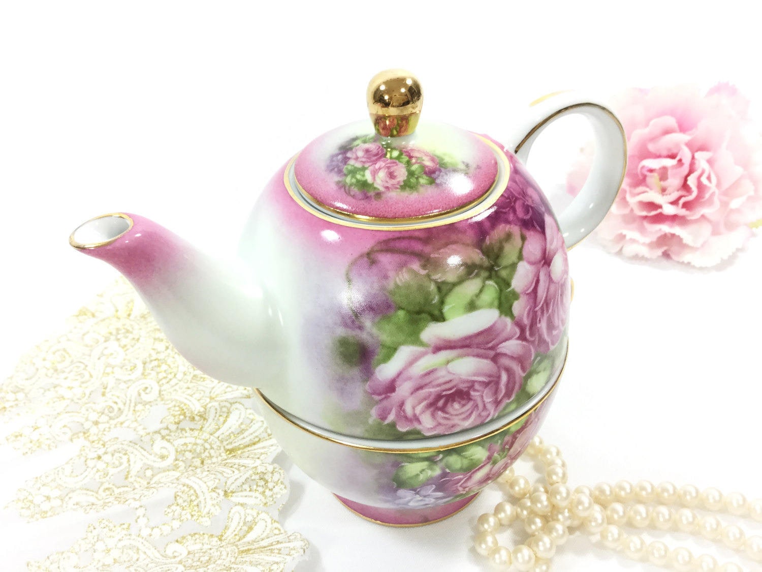 Victorian Inspired Pink Floral Porcelain Tea For One, Single Tea Set