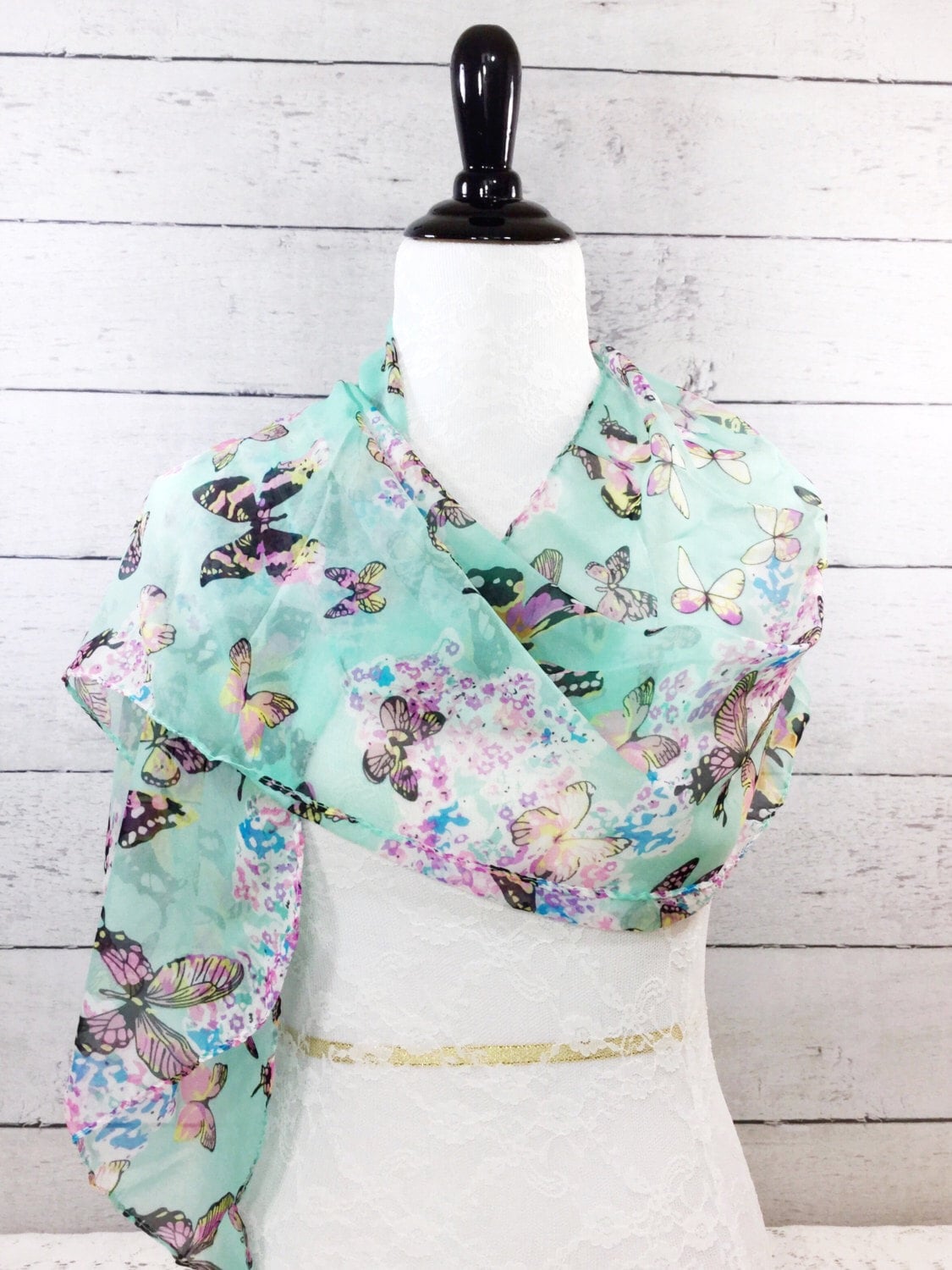 Stunning Mint Green Ladies Chiffon Summer Scarf With Butterlies, Long