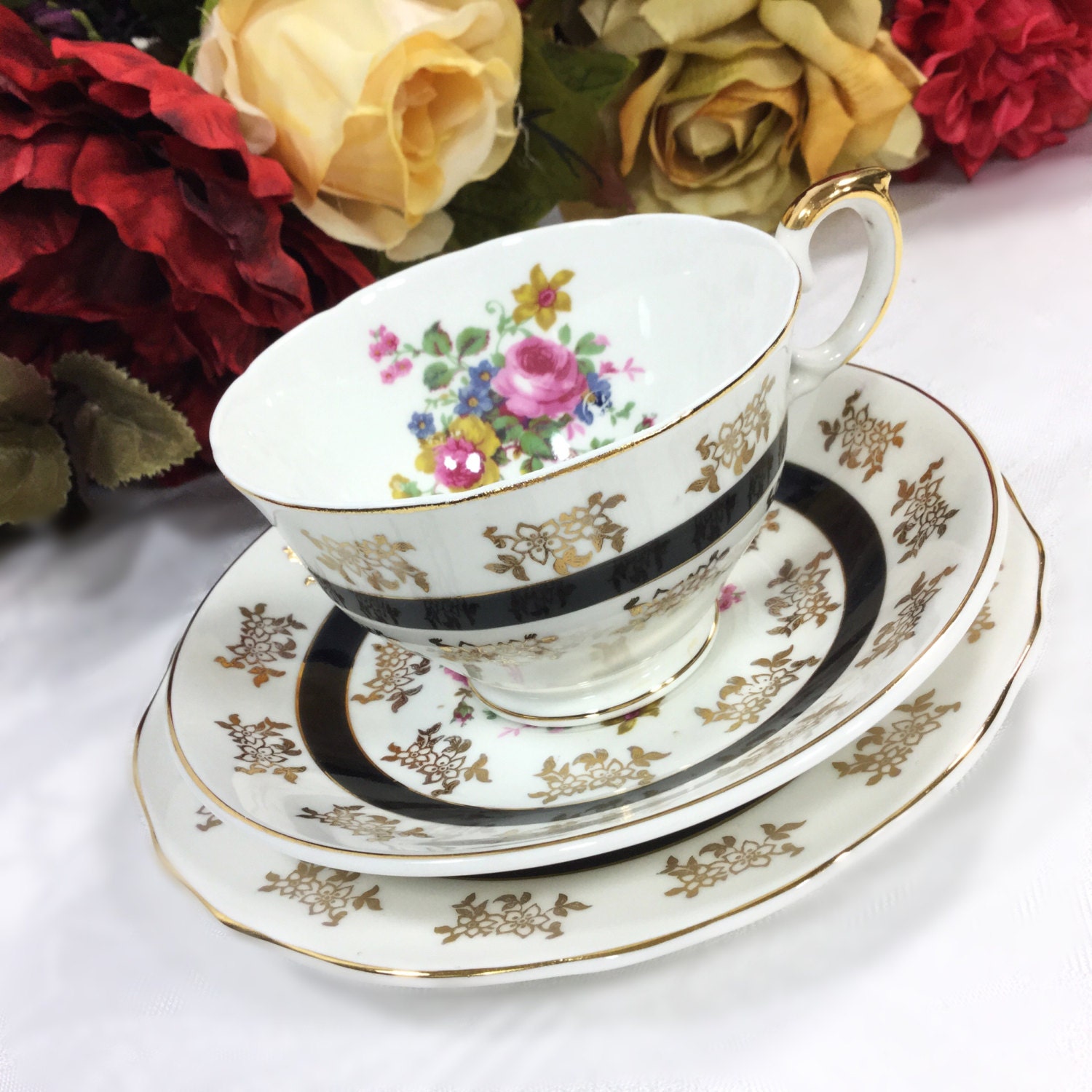 Black Band Gold Chintz English Tea Trio, Bone China English Tea Cup
