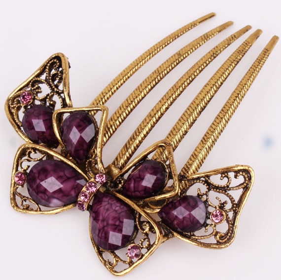 Austrian Crystal Purple & Gold Bow Colored Hair C… - image 2