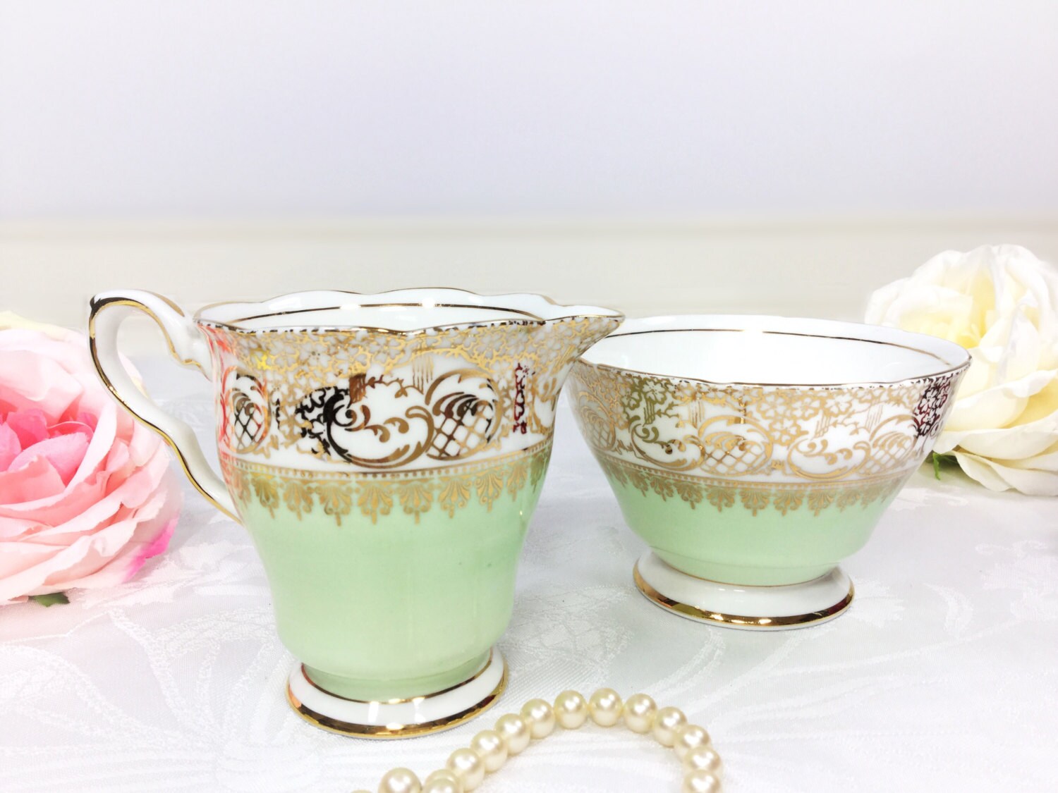 Mint Green English Royal Stafford Sugar Bowl & Creamer, Gold Filigree